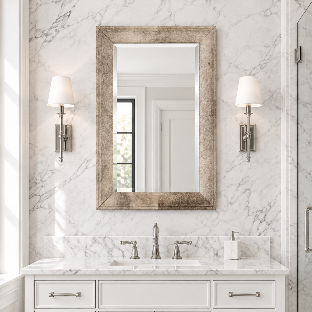 A rectangular wall mirror with a distressed bronze frame hangs above a white marble vanity in a bright bathroom with matching marble walls and two silver sconces.