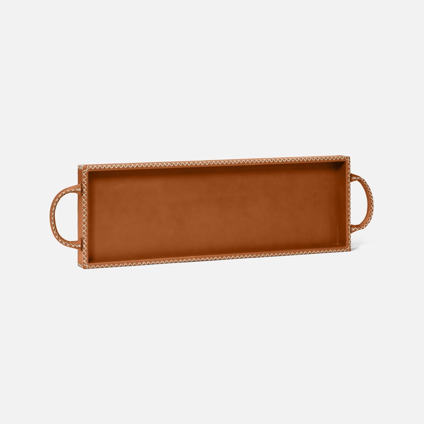 Brown leather tray with handles on a white background