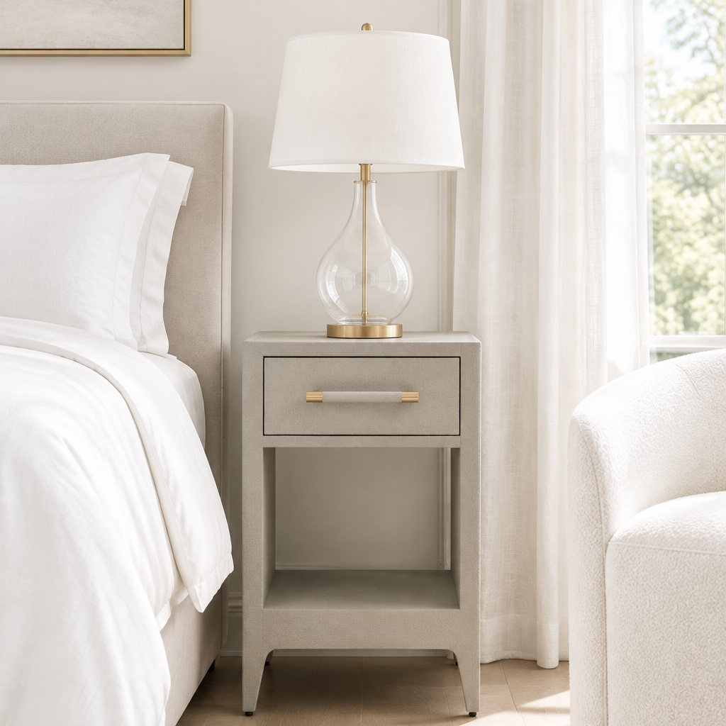 A modern bedside table in a light gray finish, styled in a bright bedroom next to a bed with white linens. The table features a single drawer with a white and gold handle and a matching table lamp with a white drum shade and clear glass base.