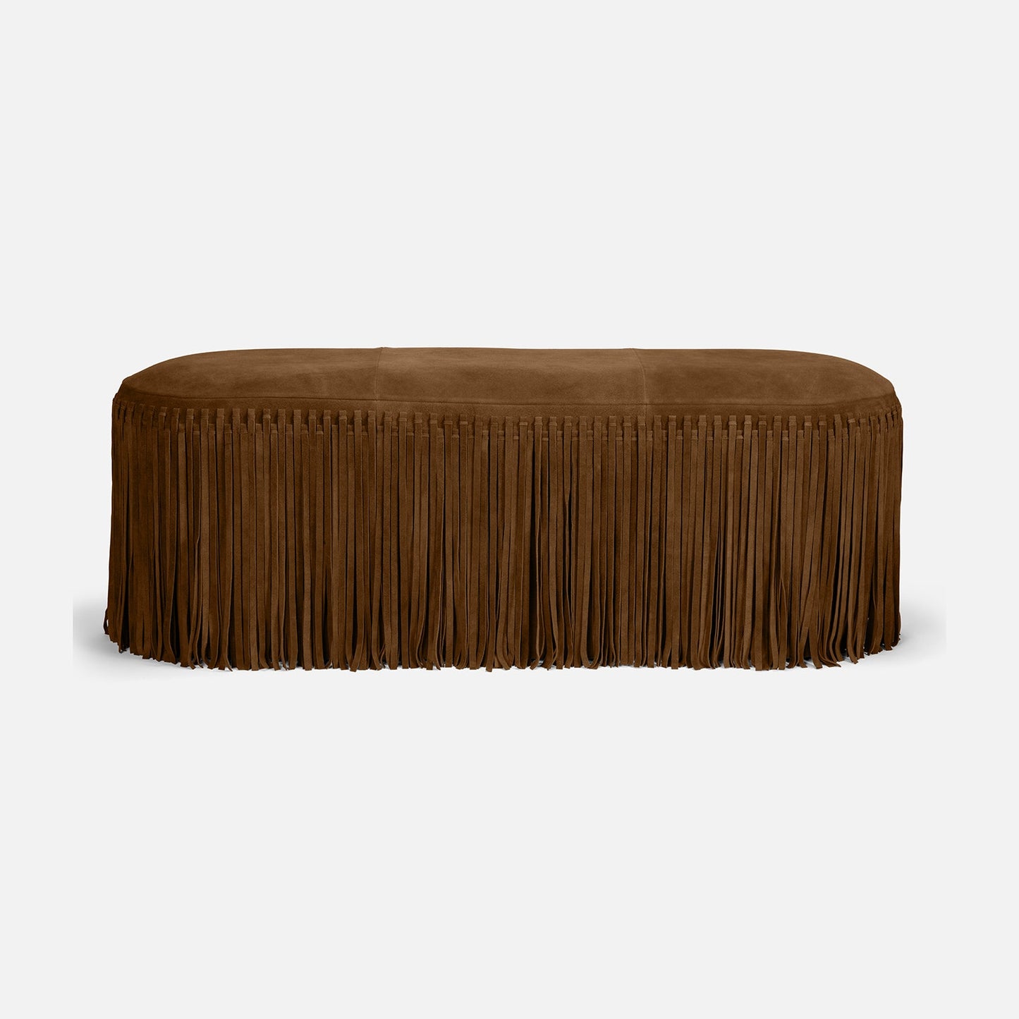 Brown ottoman with fringe on a white background
