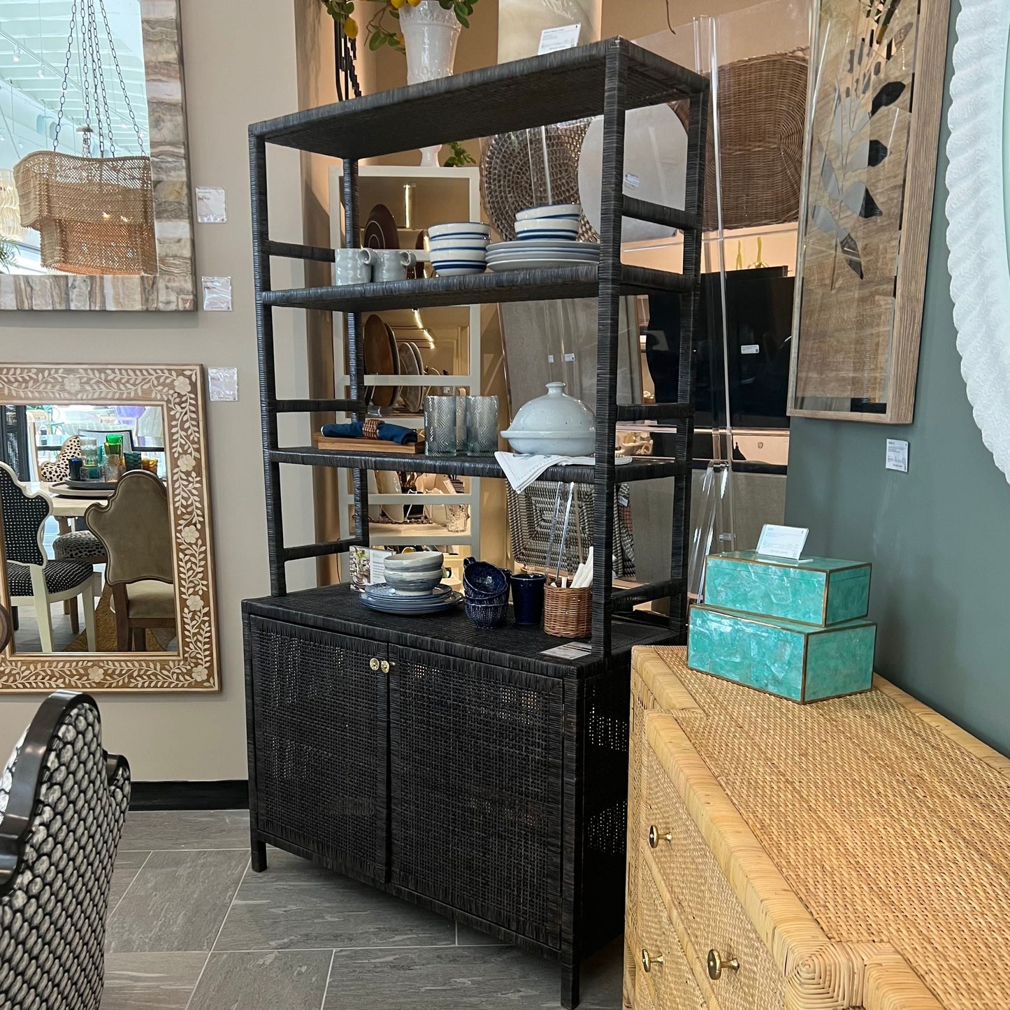 Made Goods Isla Bookcase with Hutch Onyx Peeled Rattan Market