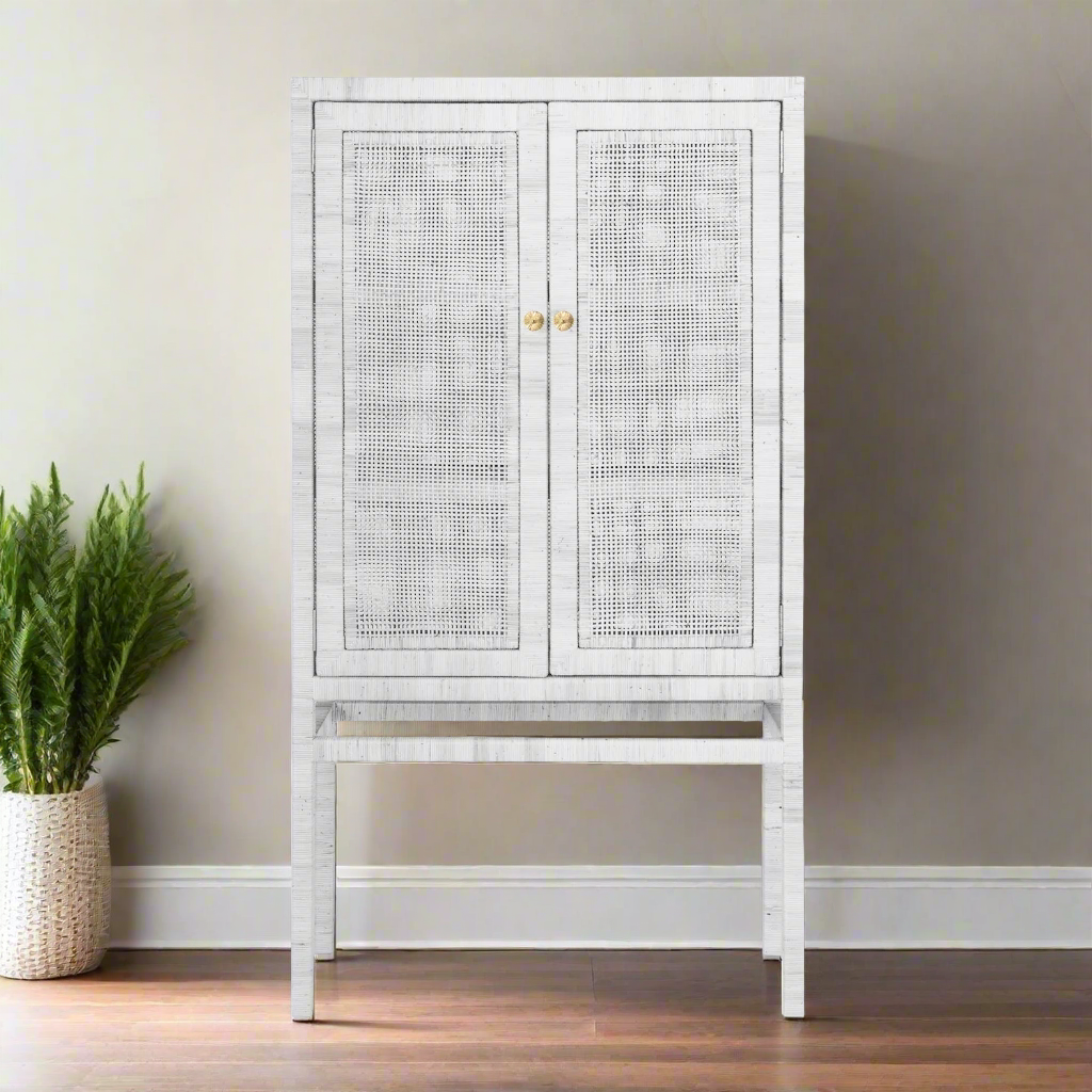 Isla Standing Cabinet White Peeled Rattan