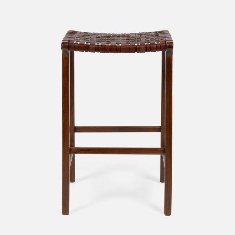 Wooden bar stool with woven seat on a white background