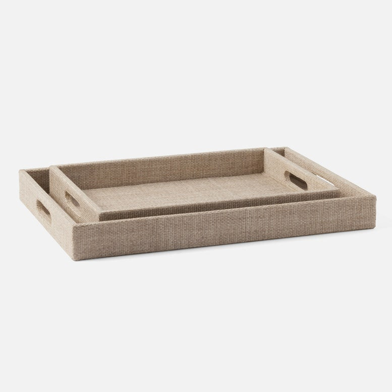 Beige rectangular tray with handles on a white background