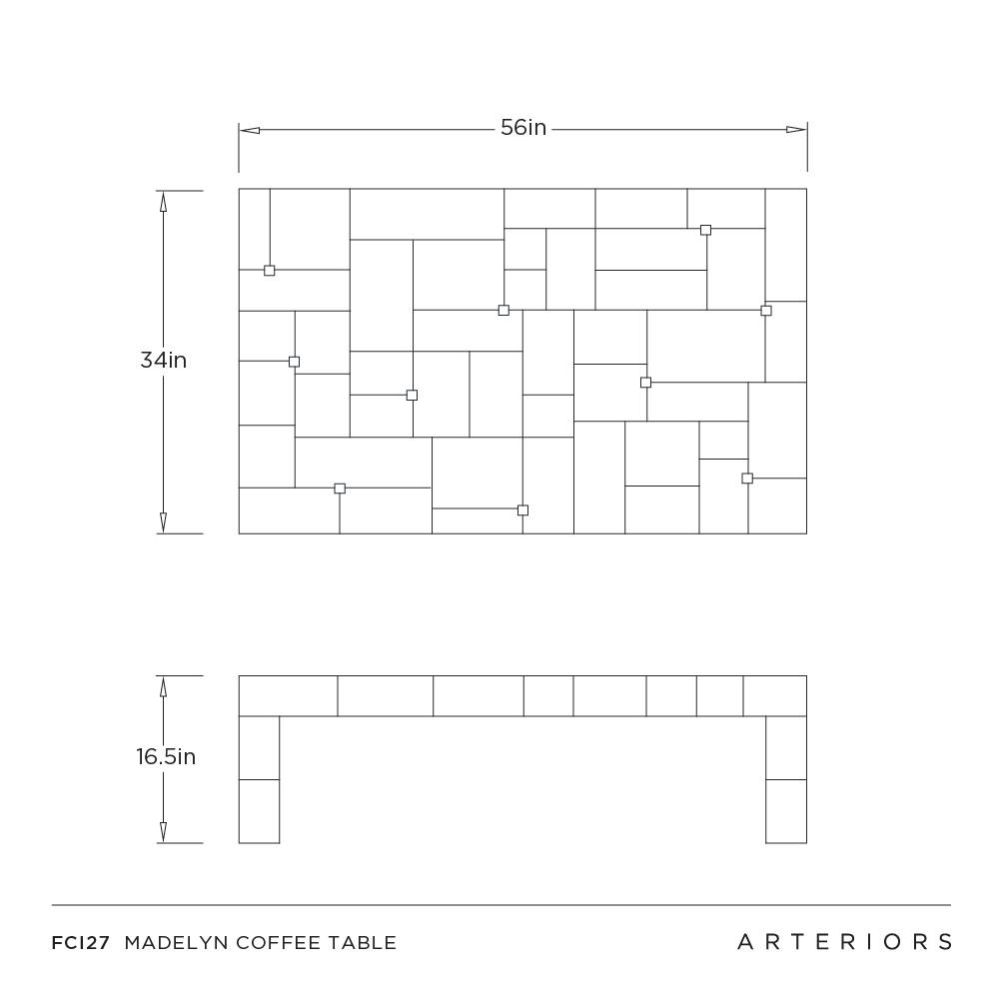 Technical drawing of a Madelyn coffee table with dimensions and Arteriors branding.