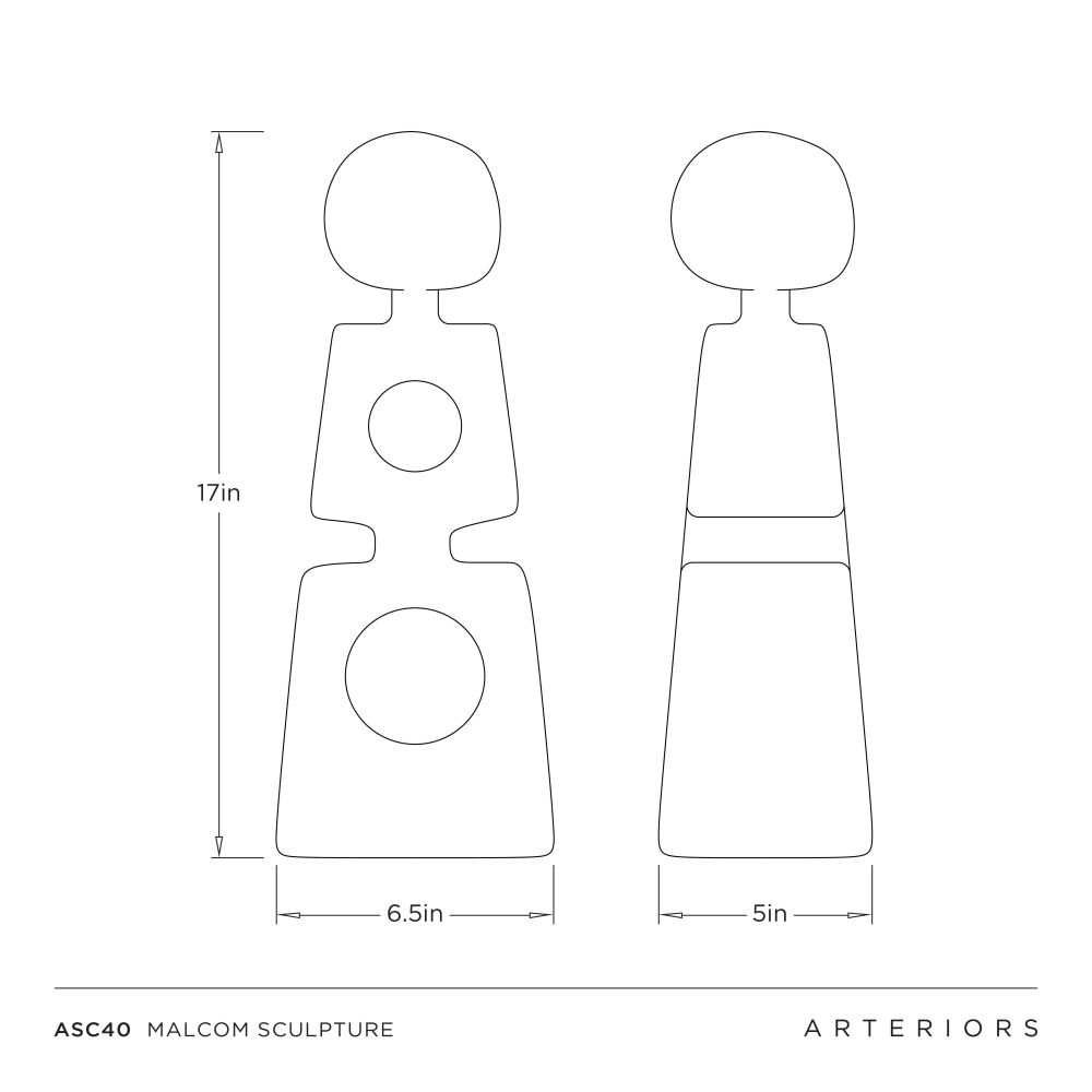 Technical drawing of a sculpture labeled 'Malcolm Sculpture' with dimensions and brand name 'Arteriors'.