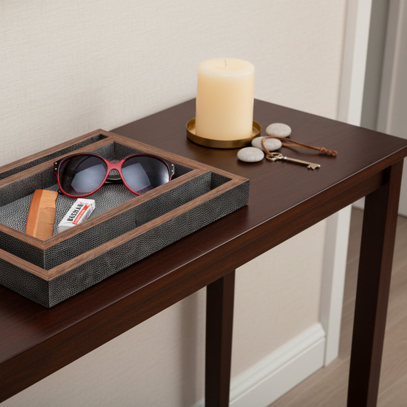 Wooden tray with sunglasses, comb, and tube of Bepan on a light gray background