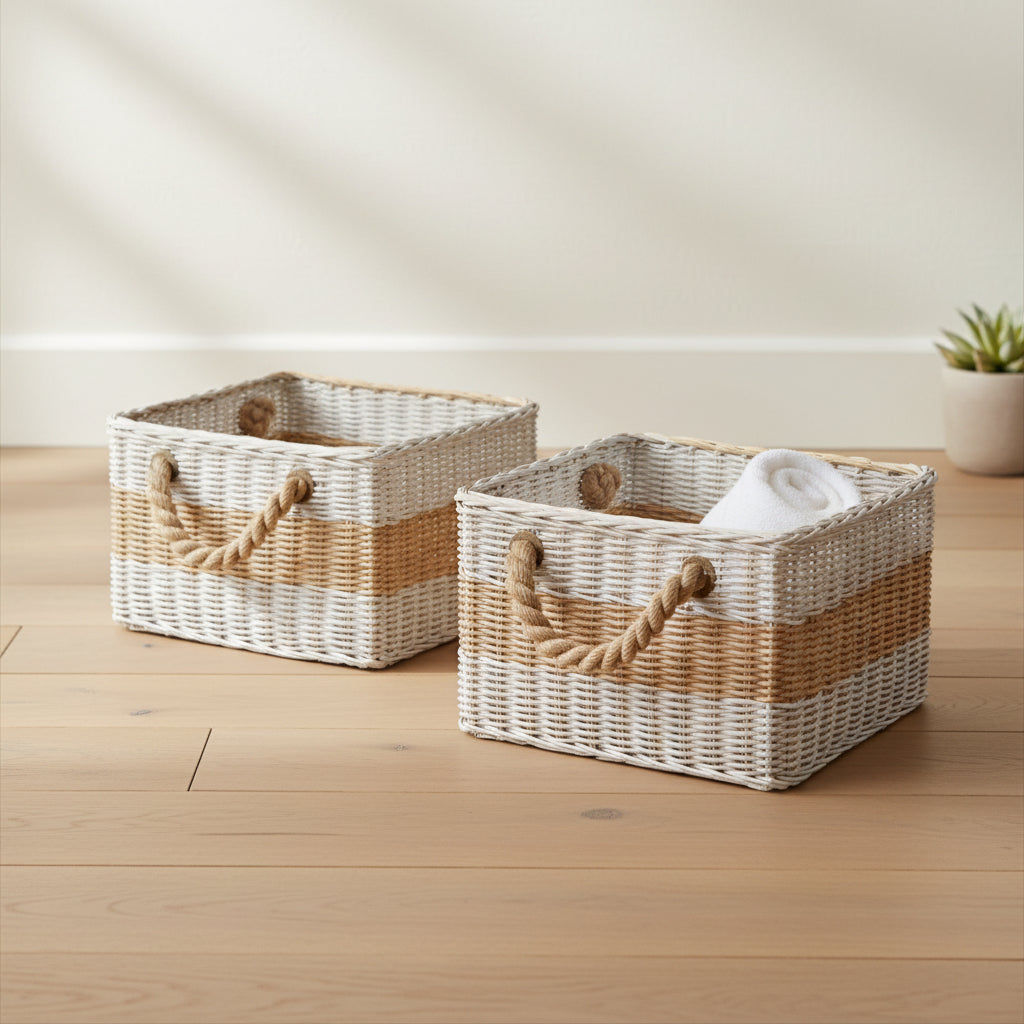 Two woven storage baskets with rope handles, one natural tan and one white and tan striped, on a clean white background.