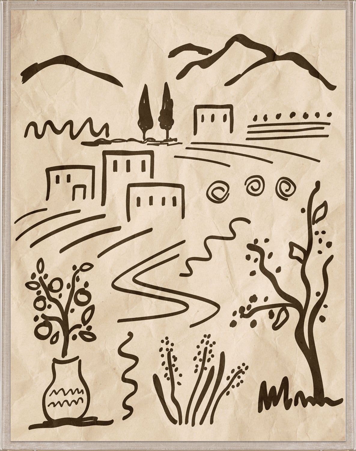 Abstract landscape drawing with buildings, trees, and a vase on a beige background
