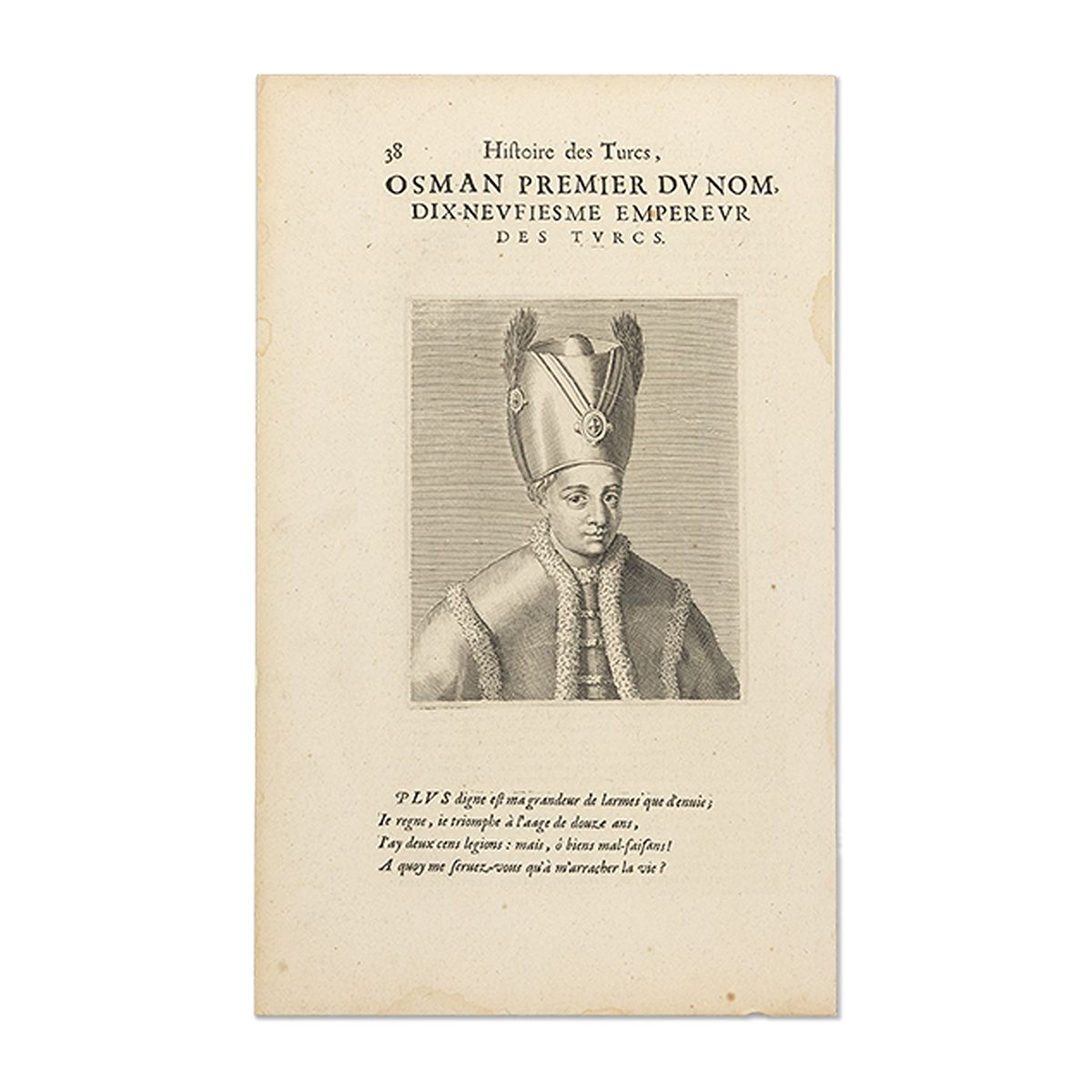 Vintage print of a historical figure with text on a beige background