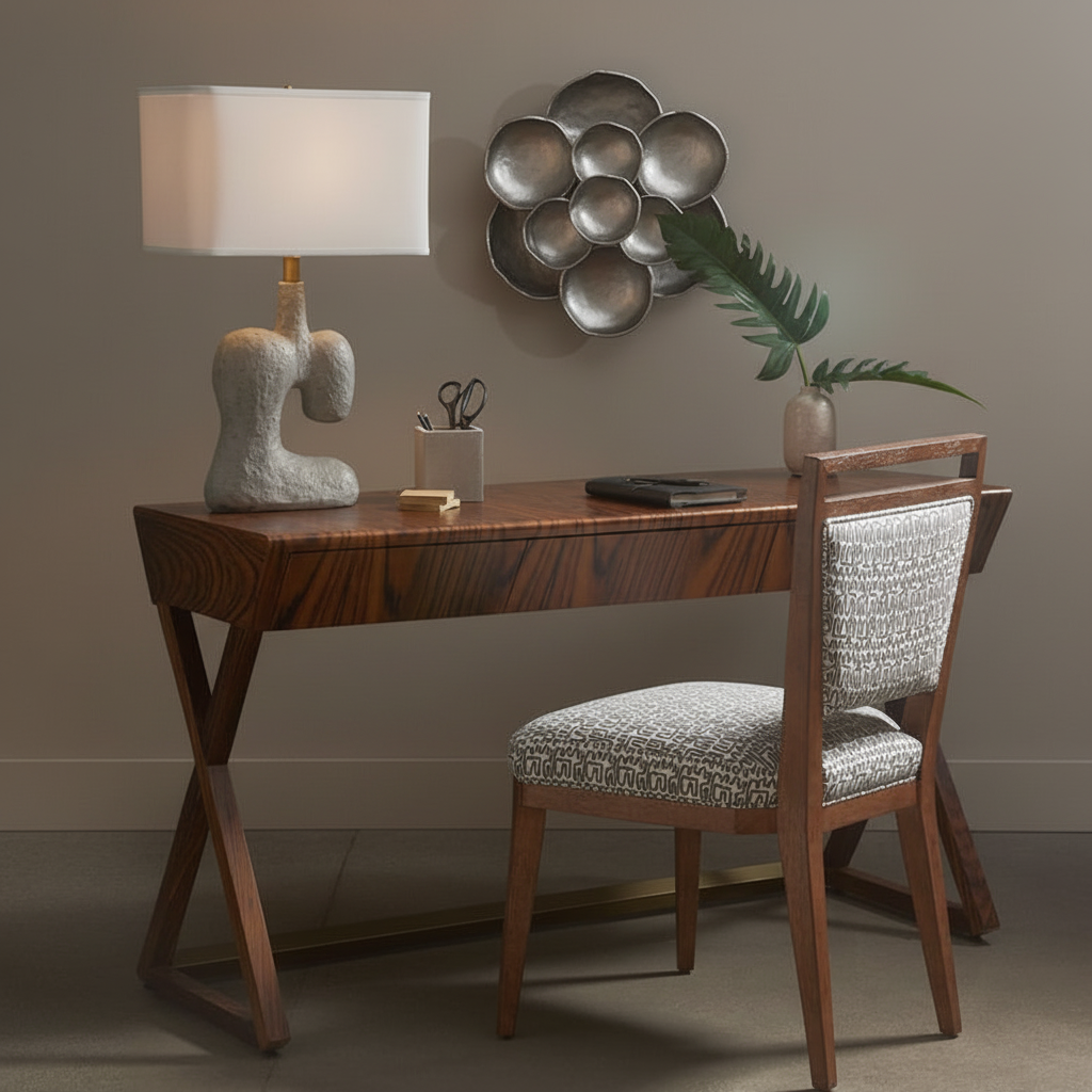 Wooden desk with chair, lamp, and decorative items in a room setting.