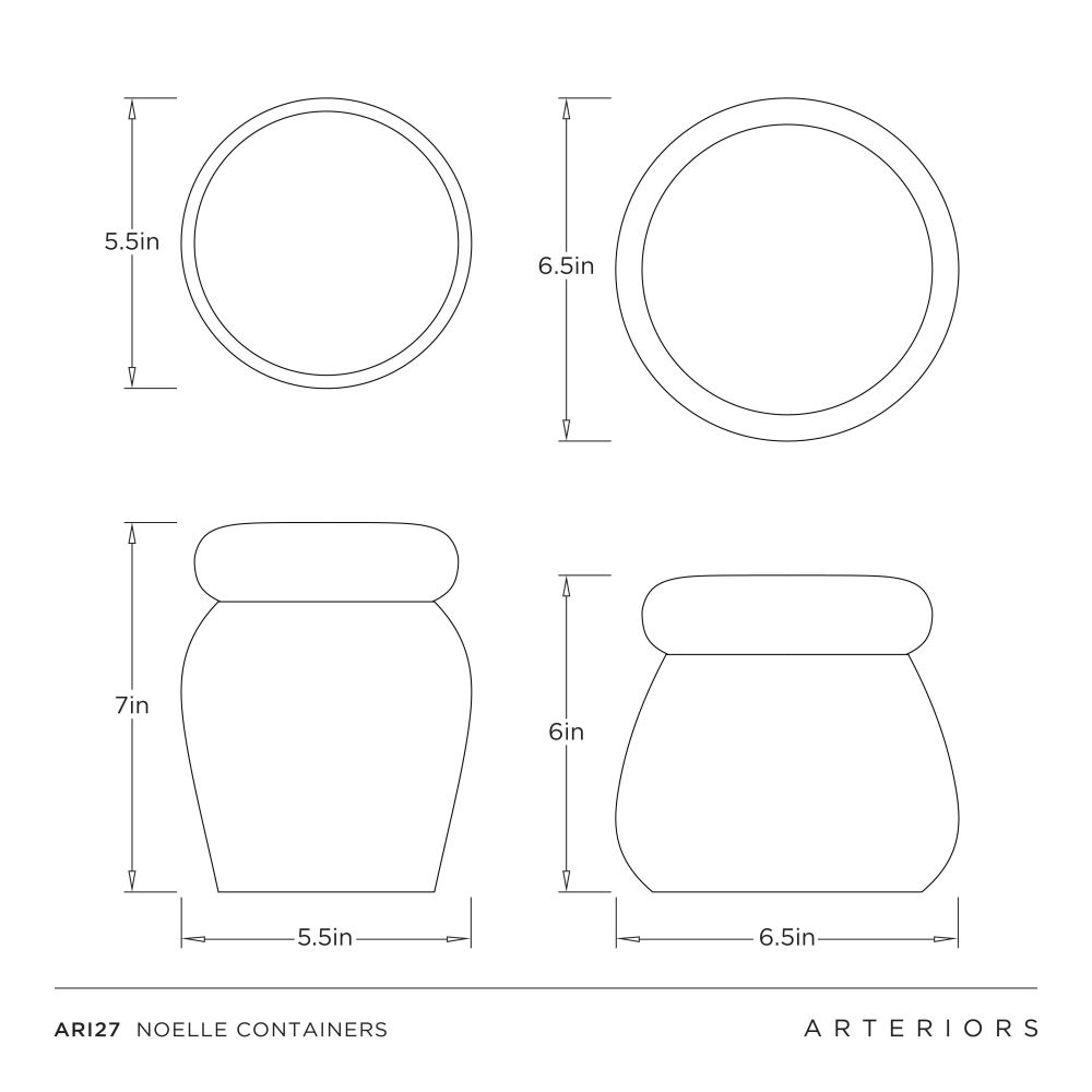 Dimensions of Noelle Containers with Arteriors branding
