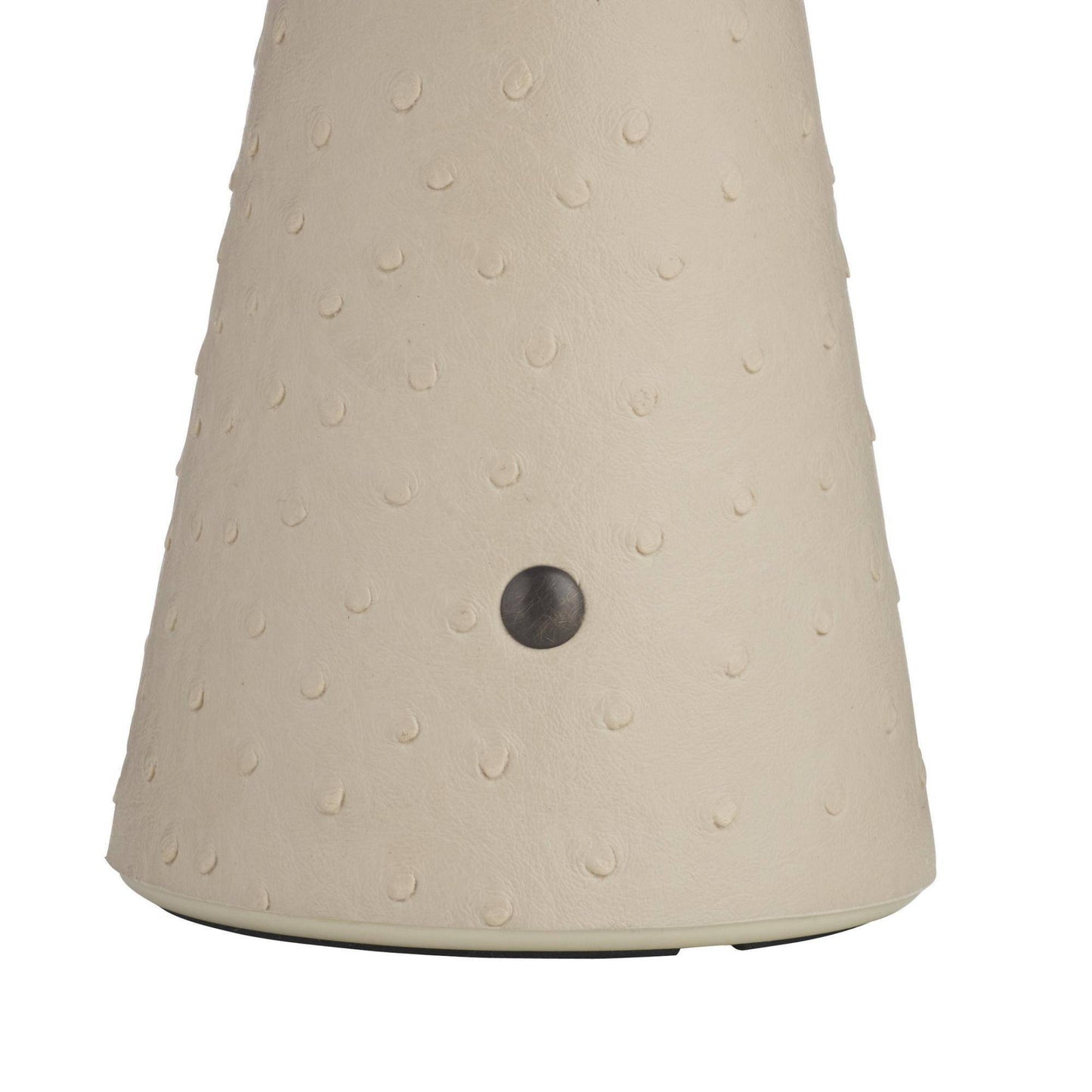 Close-up of a beige textured cone-shaped product with a small dark circular detail near the center, shown on a plain white background.