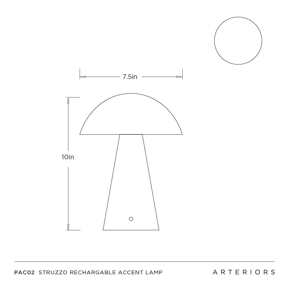 Technical drawing of a Struzzo rechargeable accent lamp with dimensions and Arteriors branding.