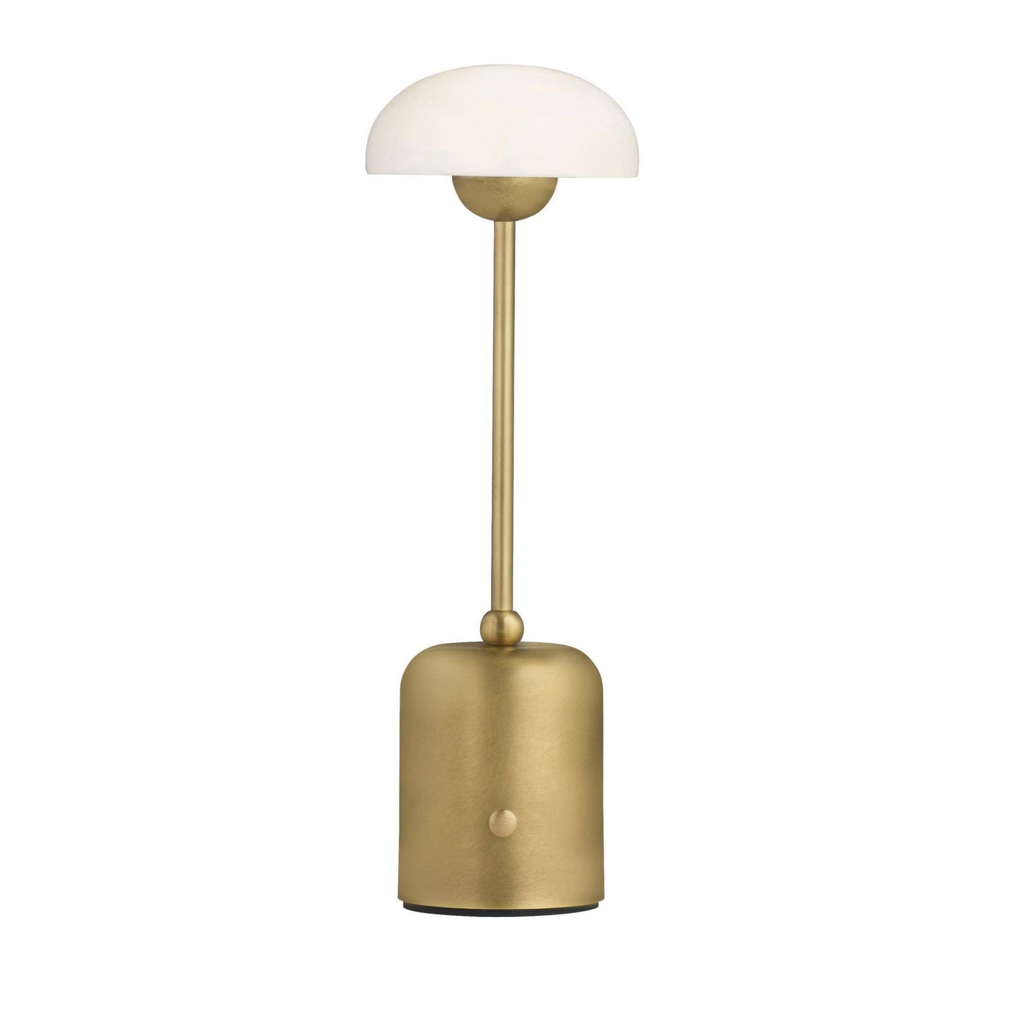 Gold table lamp with white glass shade on a white background