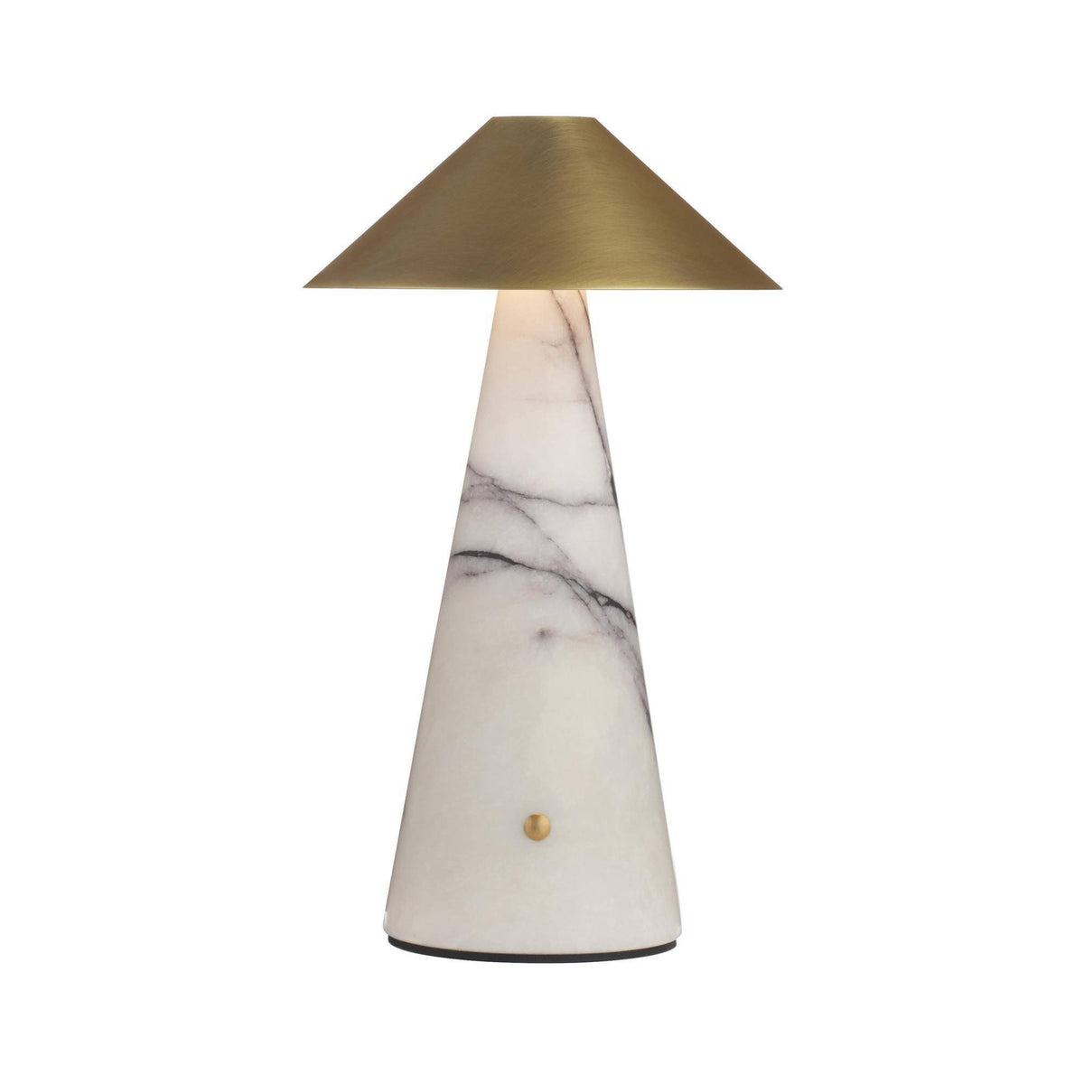 Table lamp with marble base and gold shade on a white background