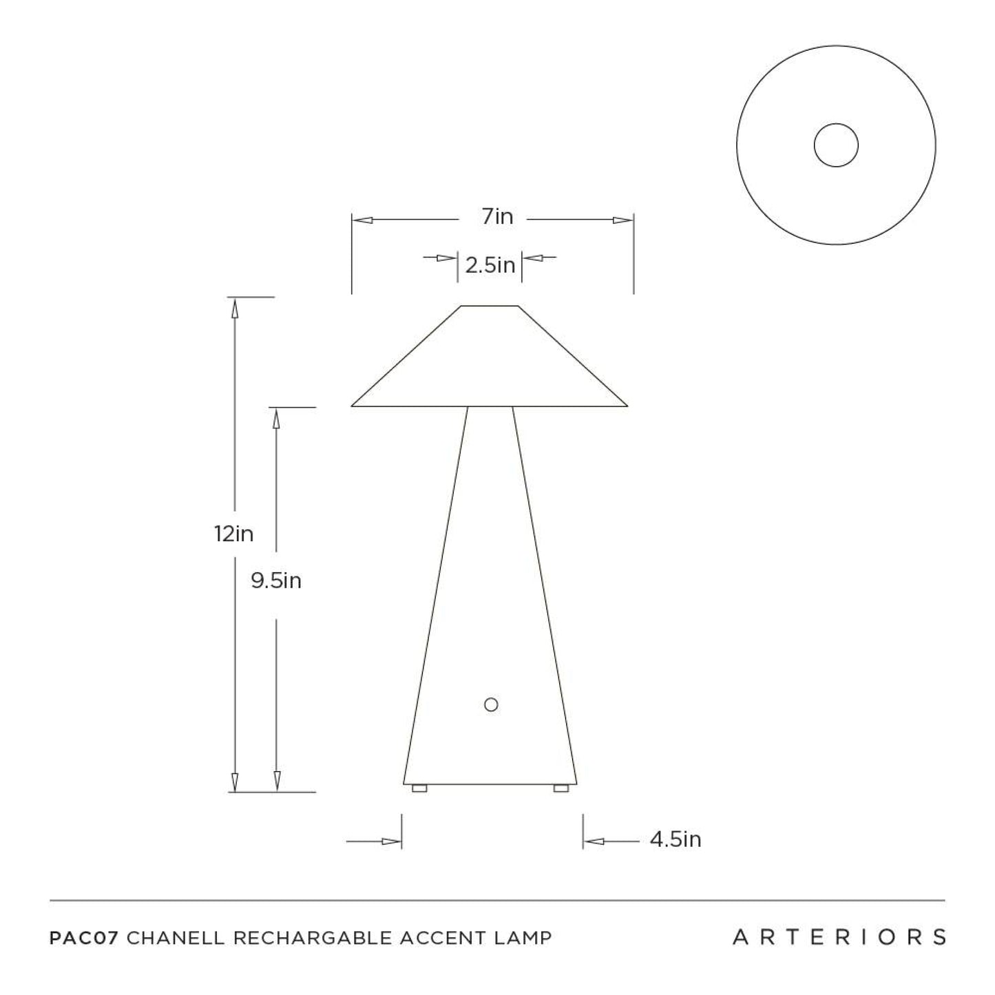 Technical drawing of a Paco7 Chanell rechargeable accent lamp with dimensions.