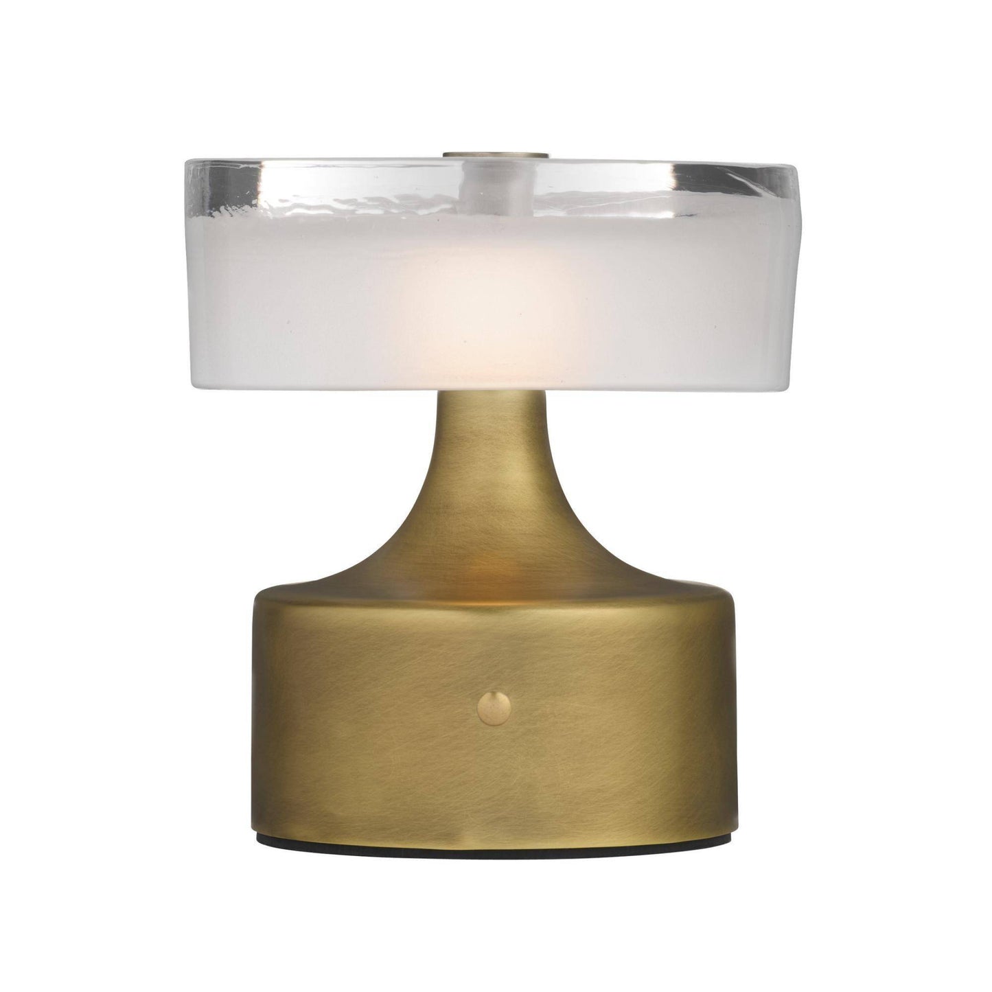 Table lamp with brass base and white shade on a white background