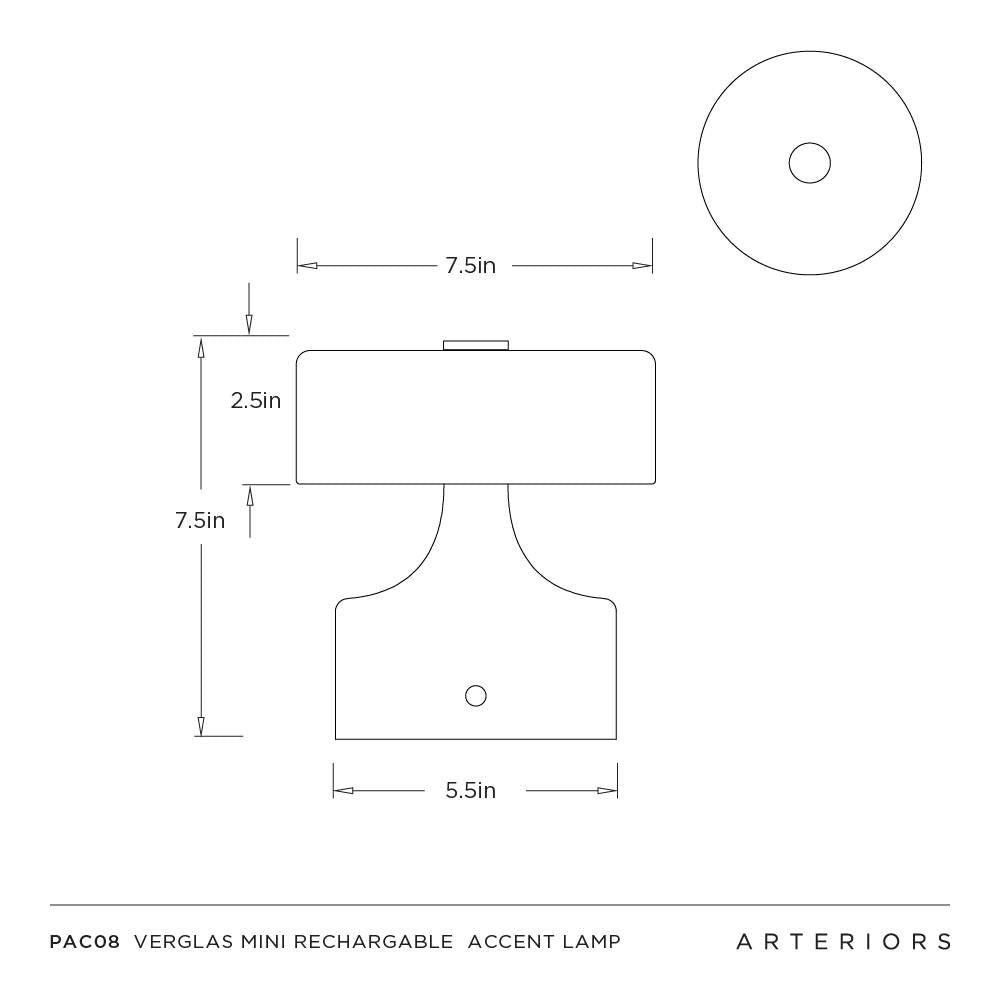 Technical drawing of Verglas Mini Rechargeable Accent Lamp with dimensions on a white background