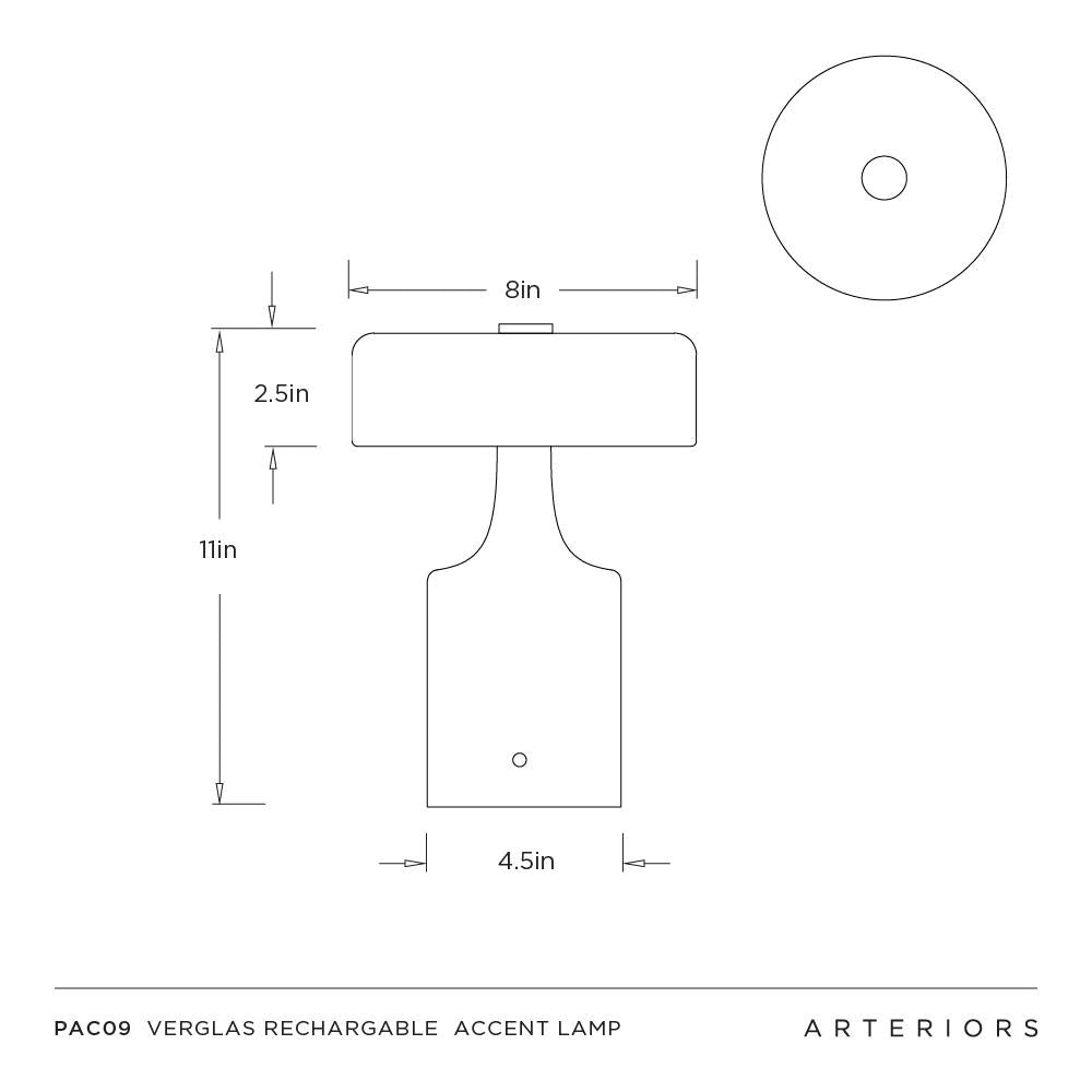 Technical drawing of a Verglas rechargeable accent lamp with dimensions and Arteriors branding.