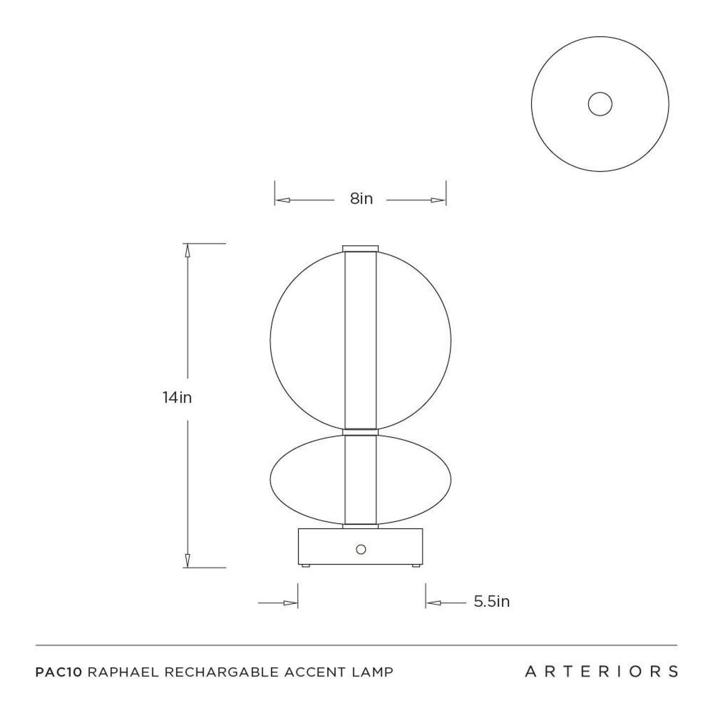 Technical drawing of a rechargeable accent lamp with dimensions and Arteriors branding.
