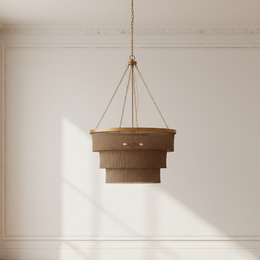 Chandelier hanging in a room with white walls and wooden floor