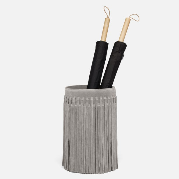 Gray fringed umbrella holder with black umbrellas on a white background