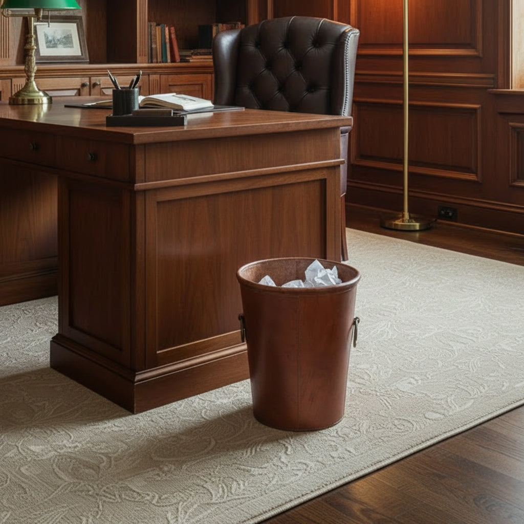 Brown leather bucket with handles in a home office