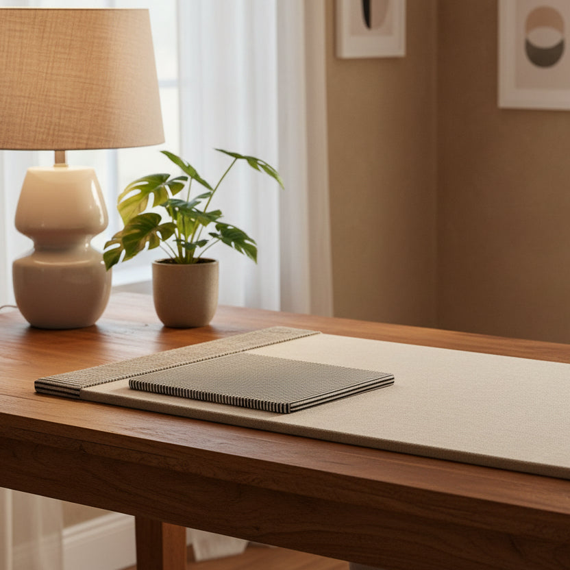 A beige rectangular desk mat with textured gray side borders and a matching gray striped rectangular pad, shown on a light gray background with a small black-handled scissors prop.