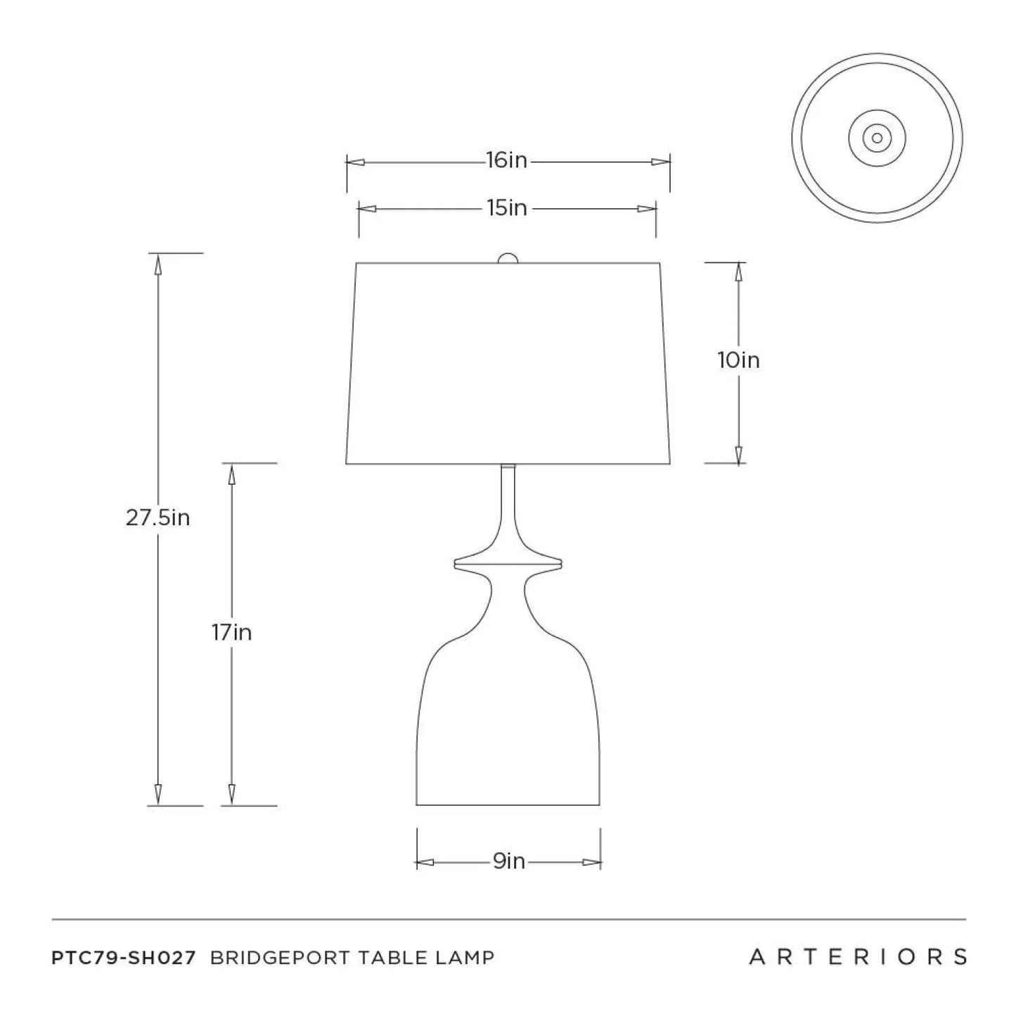 Technical drawing of a table lamp with dimensions and Arteriors branding.
