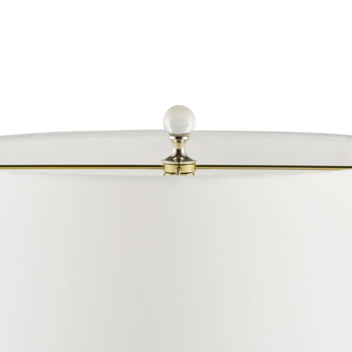 Close-up of a lamp with a white shade and gold accent on a white background