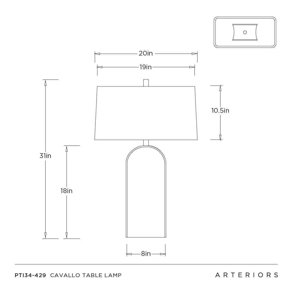 Technical drawing of a Cavallo table lamp with dimensions on a white background