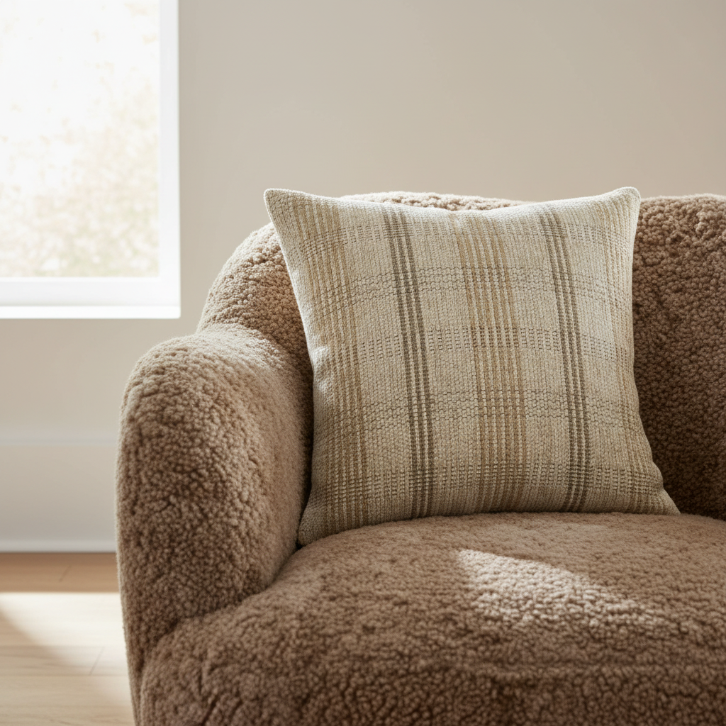 Brown textured armchair with a plaid cushion in a room with a window.