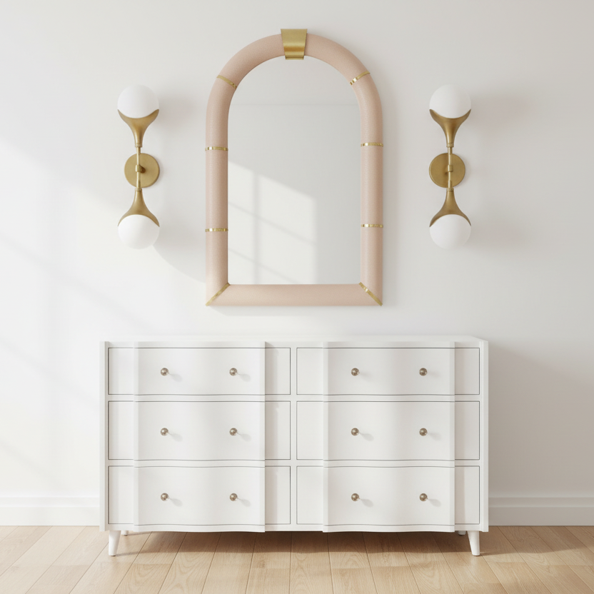 White dresser with gold accents against a white wall with decorative mirrors and lights.