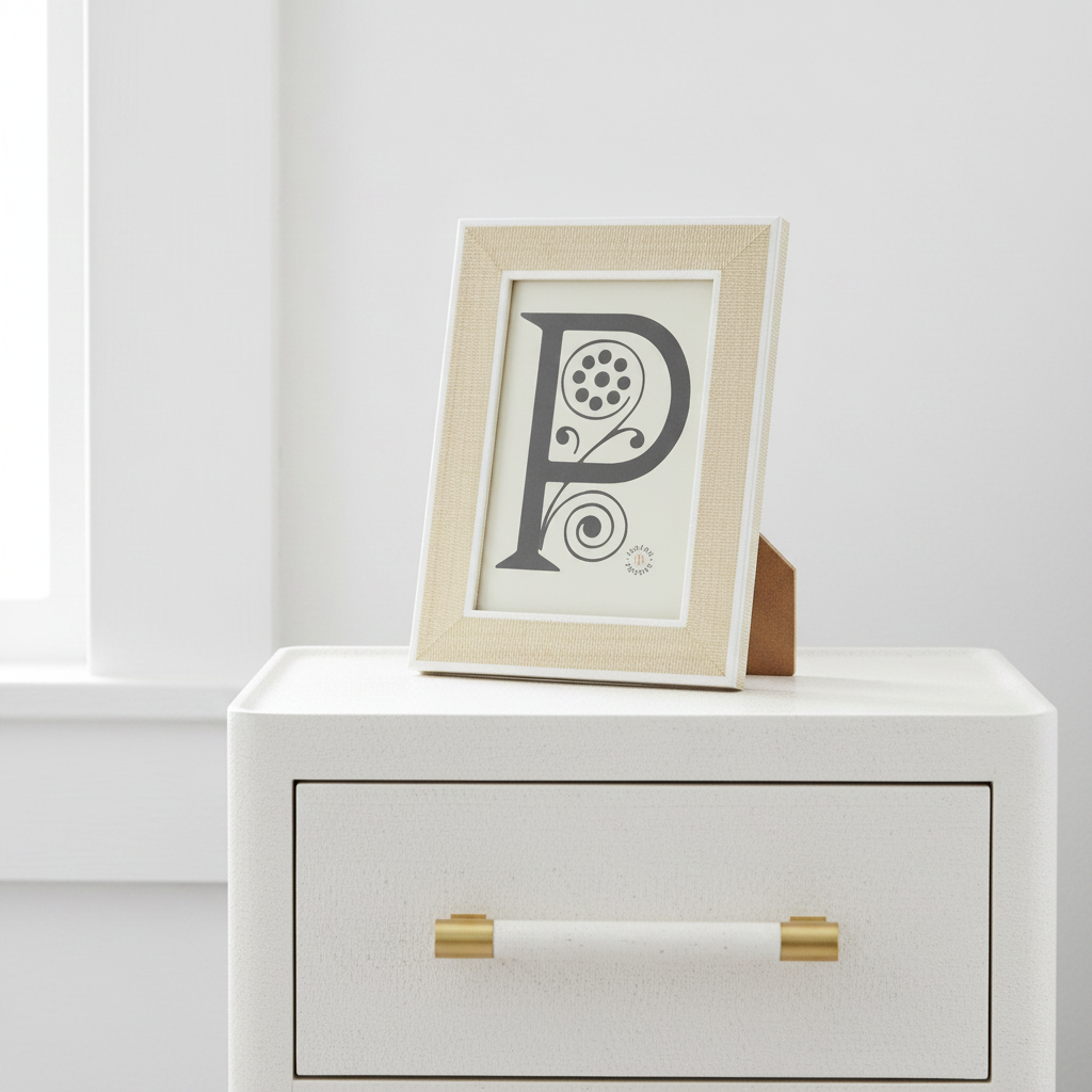 White nightstand with gold handle and framed artwork on a white wall