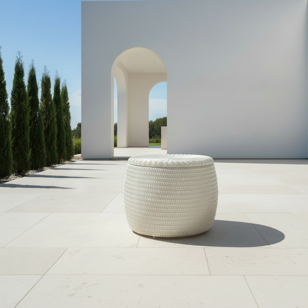 A round, white woven outdoor pouf or ottoman sits on a light stone patio in front of a modern white building with arches and tall green trees.