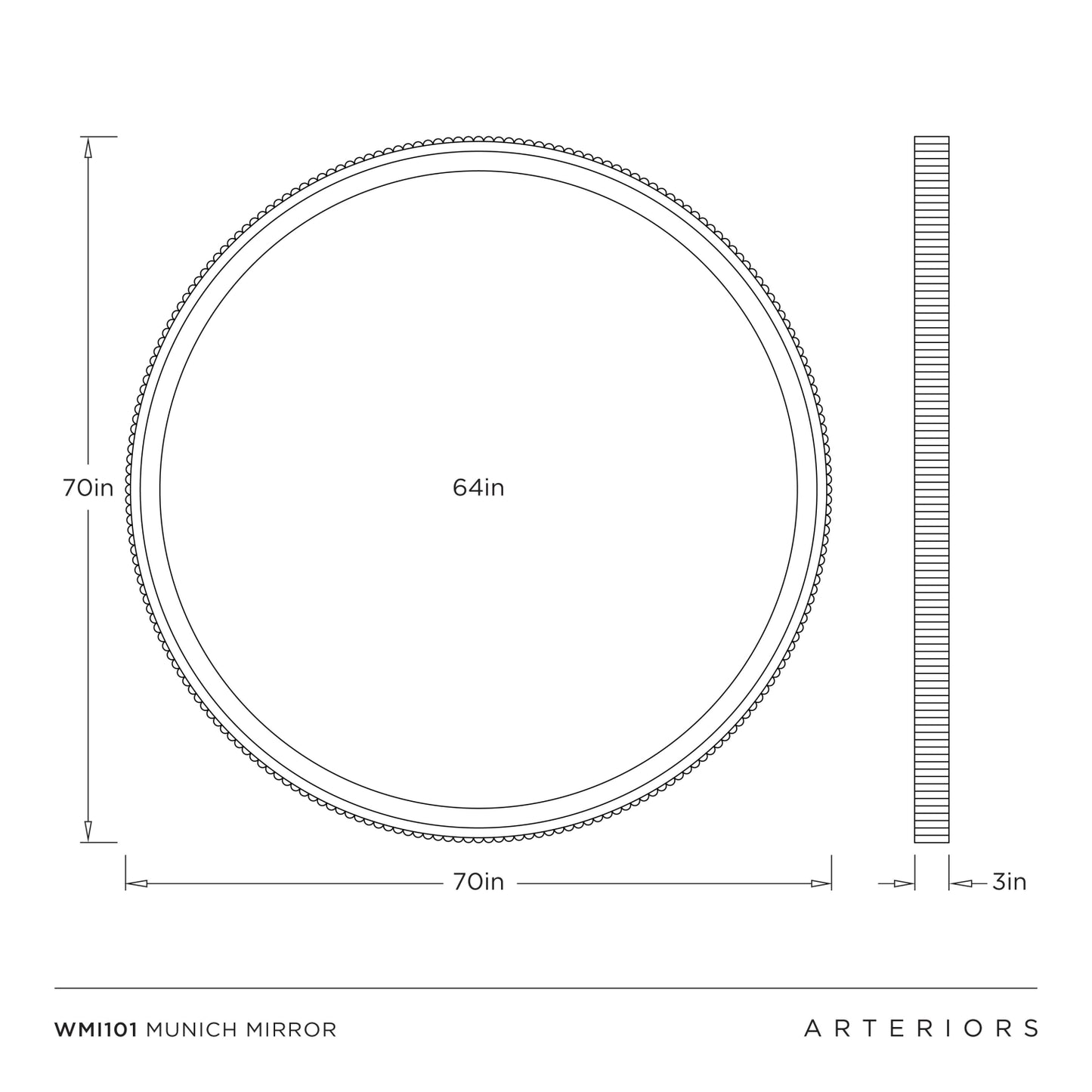Measurement diagram of a circular mirror with dimensions labeled