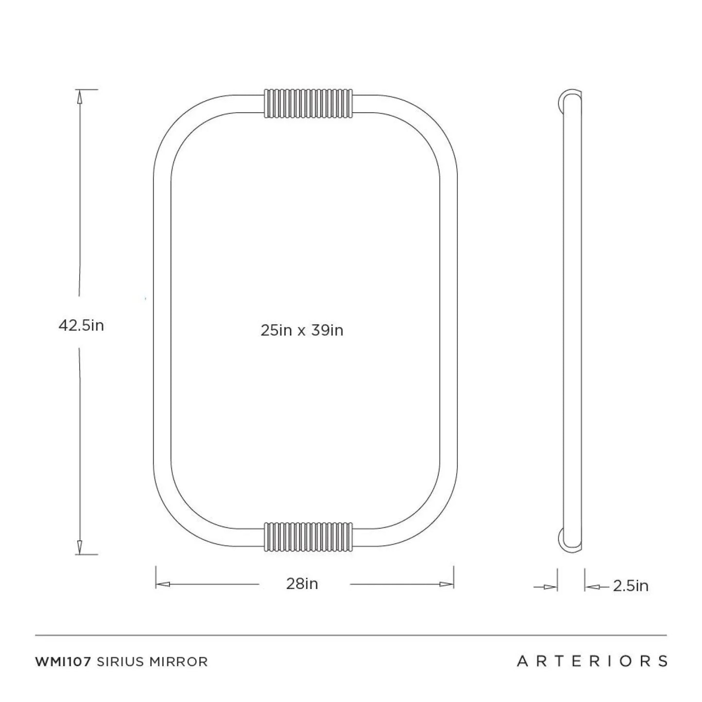 Technical dimension drawing of a rectangular oval mirror with inset side profile, showing measurements 42.5 in height, 28 in width, and 25 in depth, labeled WM1107 SIRIUS MIRROR with ARTERIORS branding.