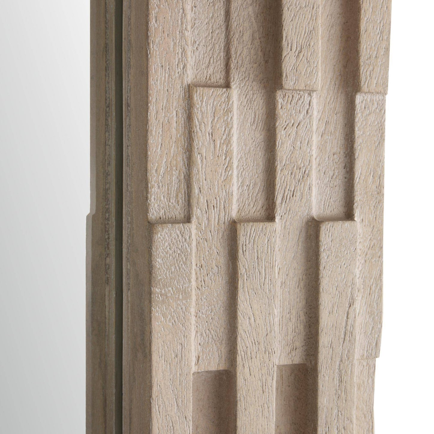 Close-up of a textured wooden panel with geometric pattern on a white background