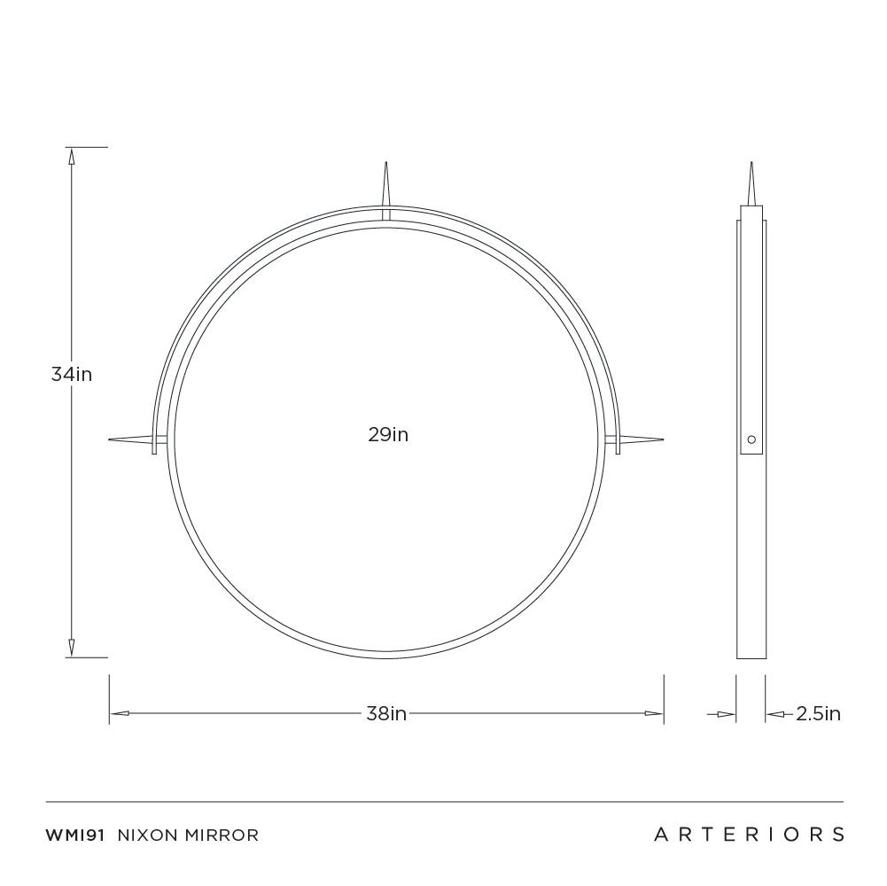Technical drawing of a circular mirror with dimensions on a white background