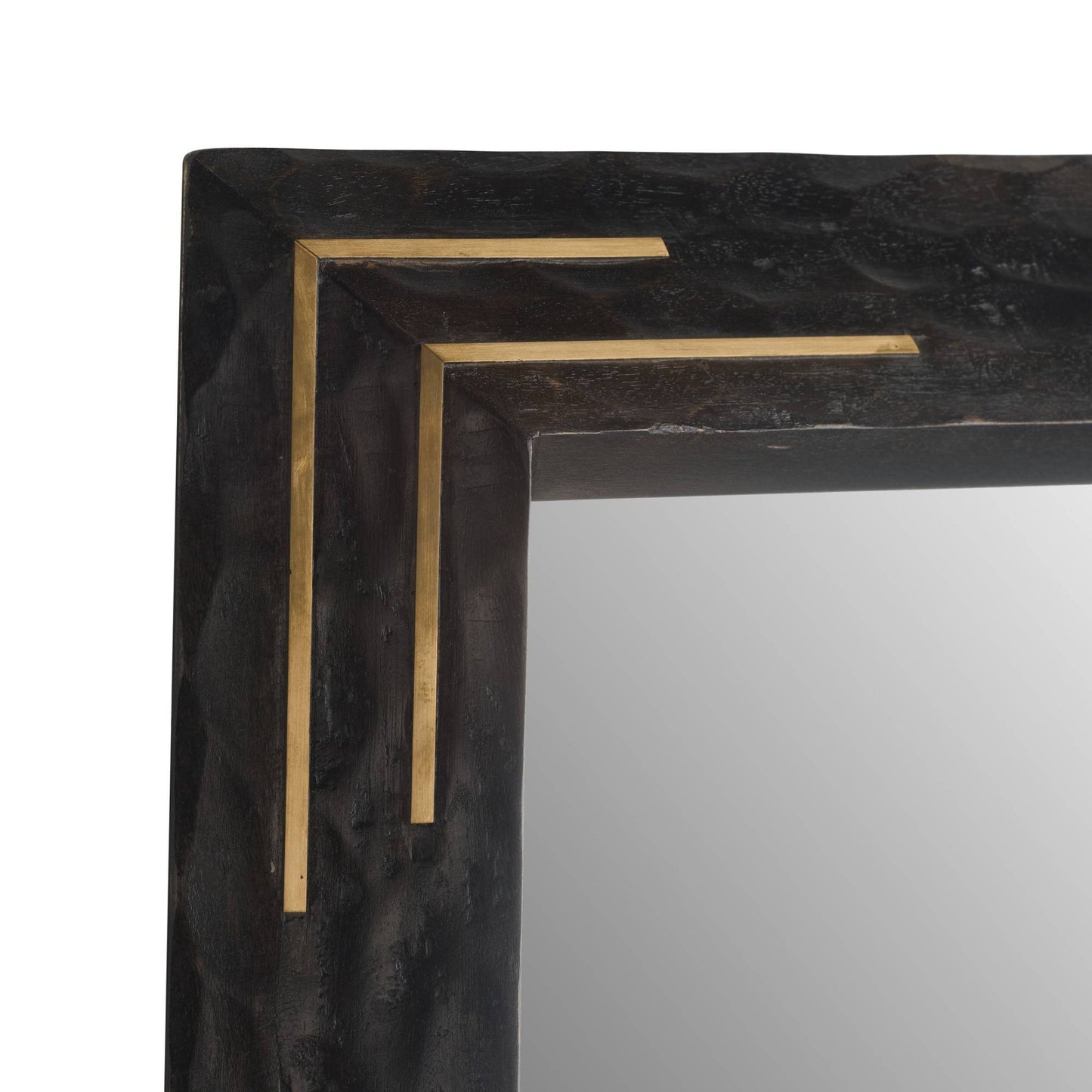 Decorative mirror with a dark frame and gold accents on a white background