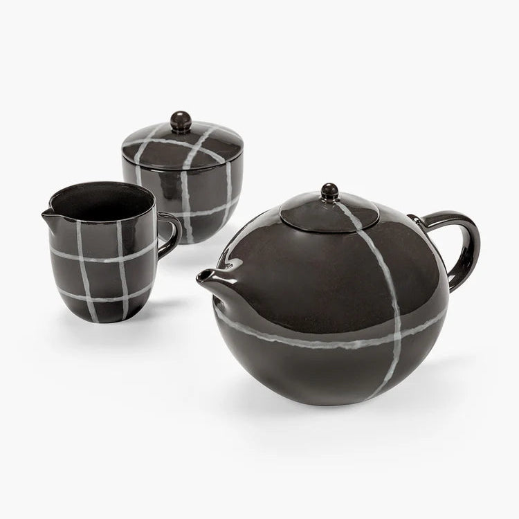 Black ceramic tea set with white lines on a white background