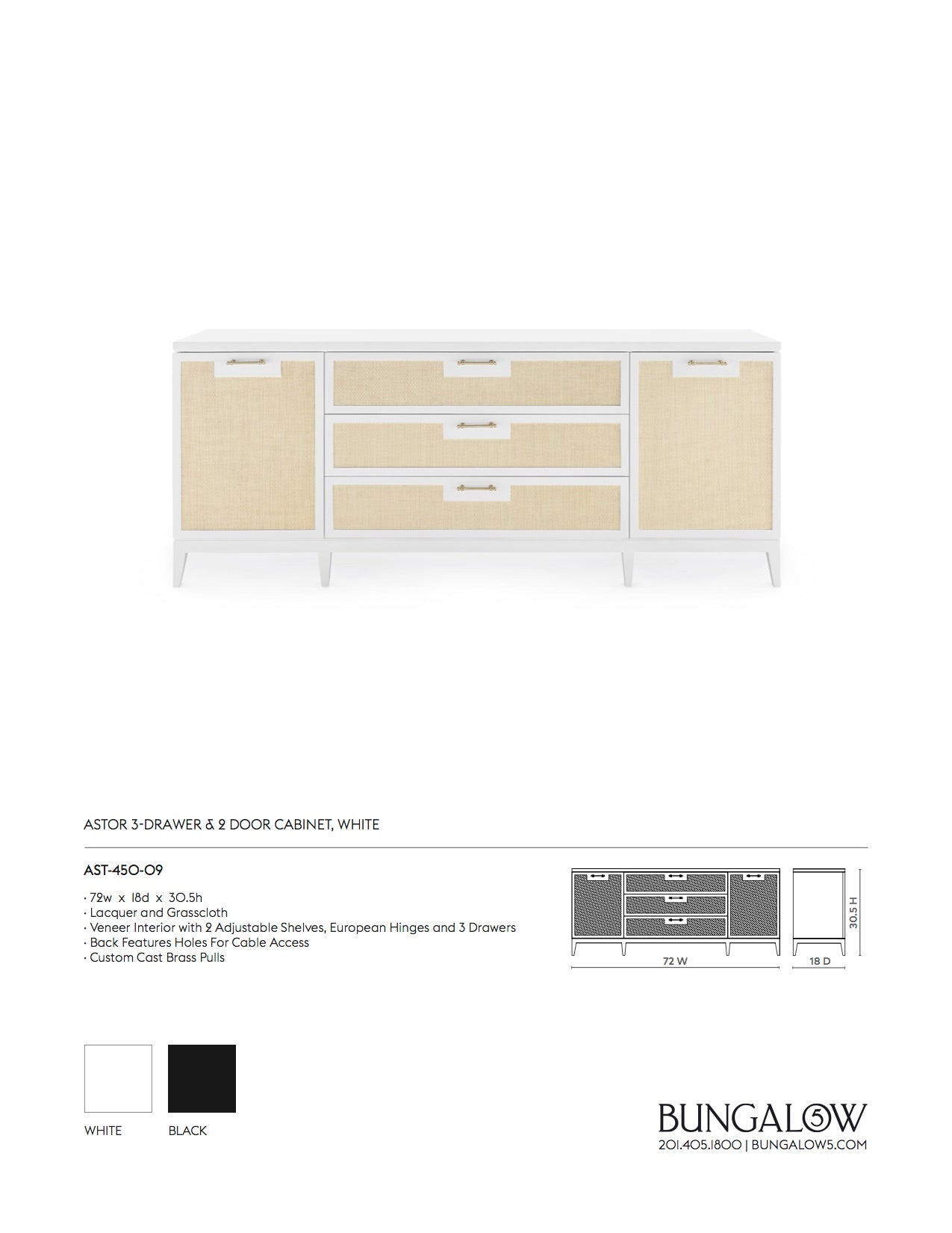 Bungalow 5 Astor 3 Drawer and 2 Door Cabinet White Tear Sheet