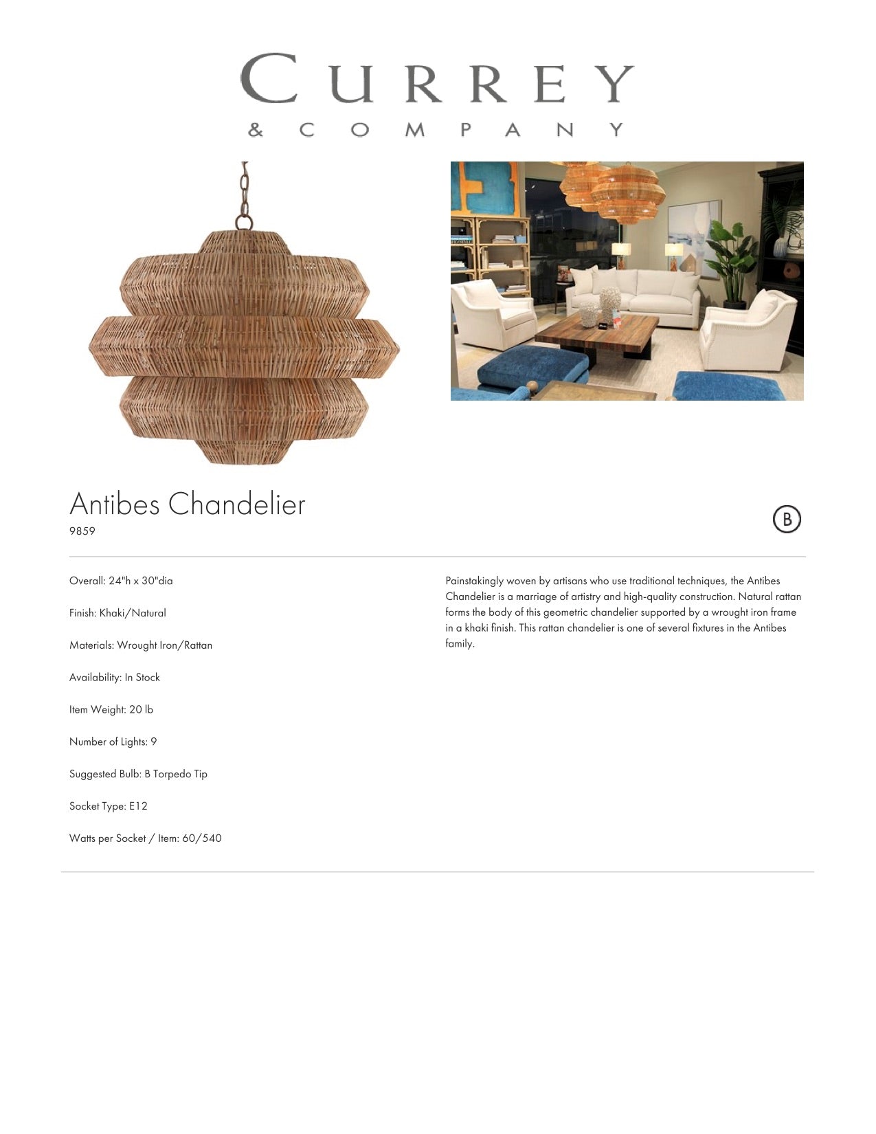 Currey & Company Antibes Chandelier Tearsheet