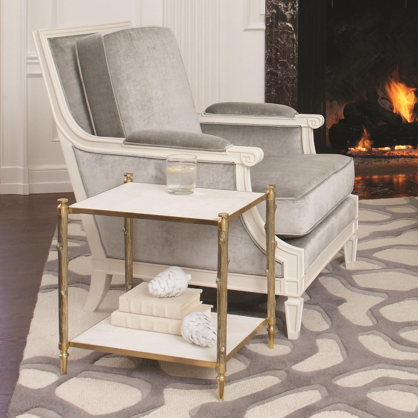 Global Views Arbor Side Table Brass and White Marble