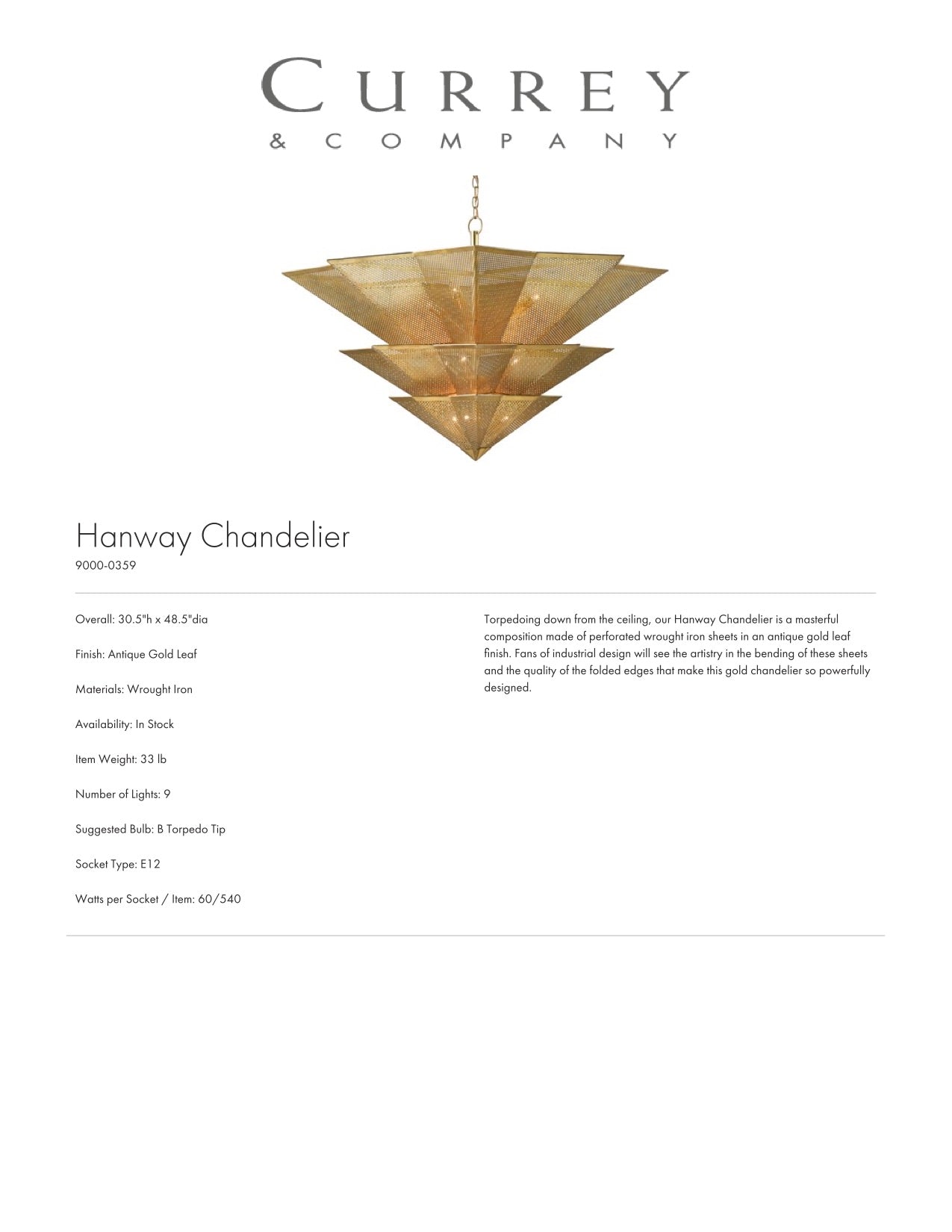 Currey & Company Hanway Chandelier Tearsheet