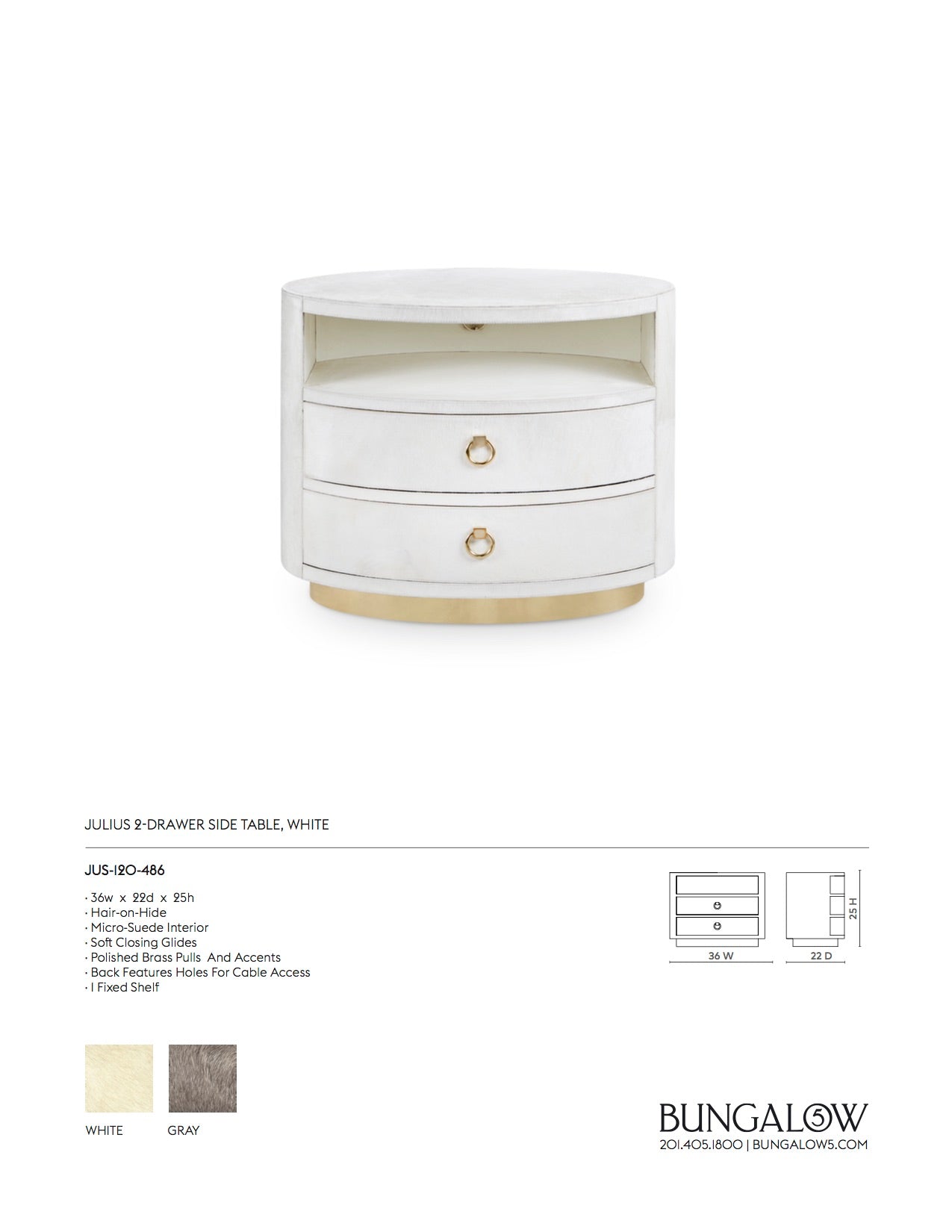 Bungalow 5 Julius 2 Drawer Side Table White Tearsheet