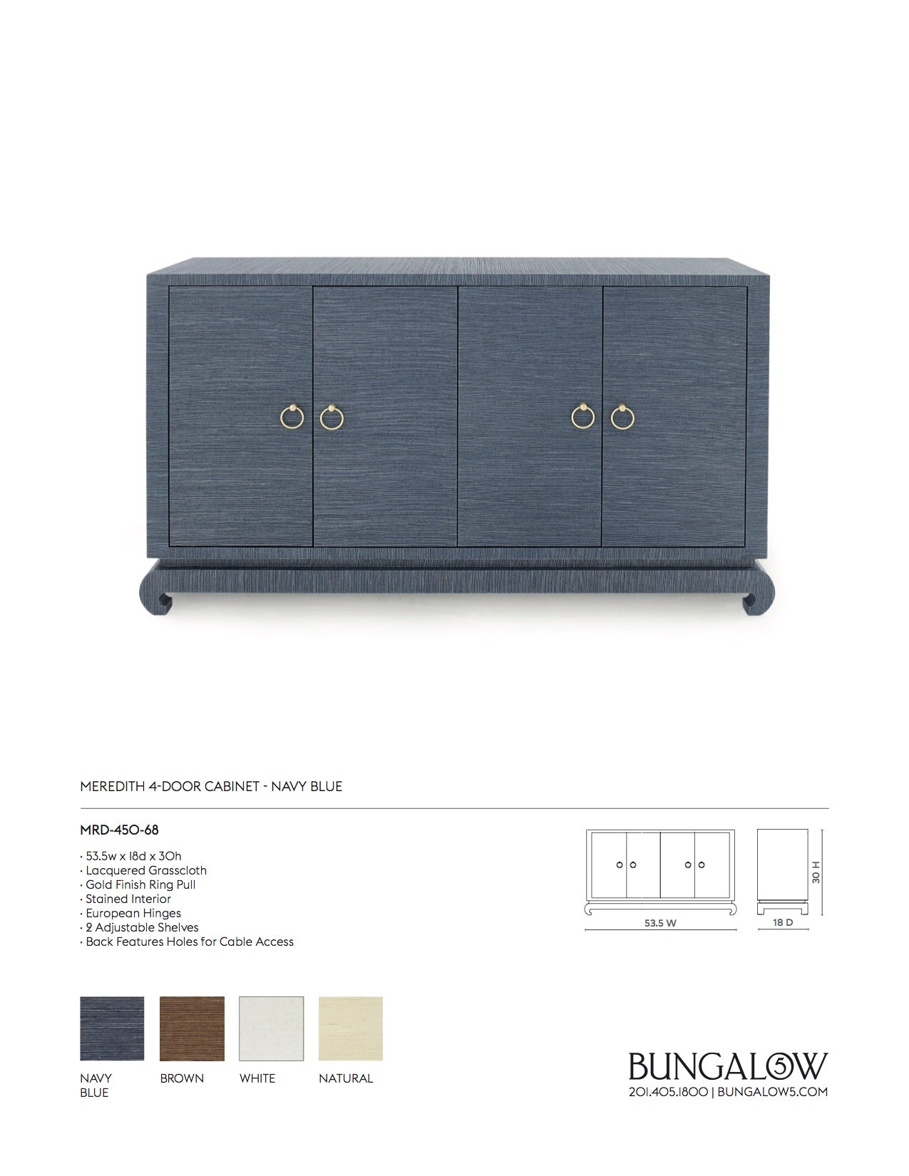 Bungalow 5 Meredith 4 Door Cabinet Navy Blue Tearsheet