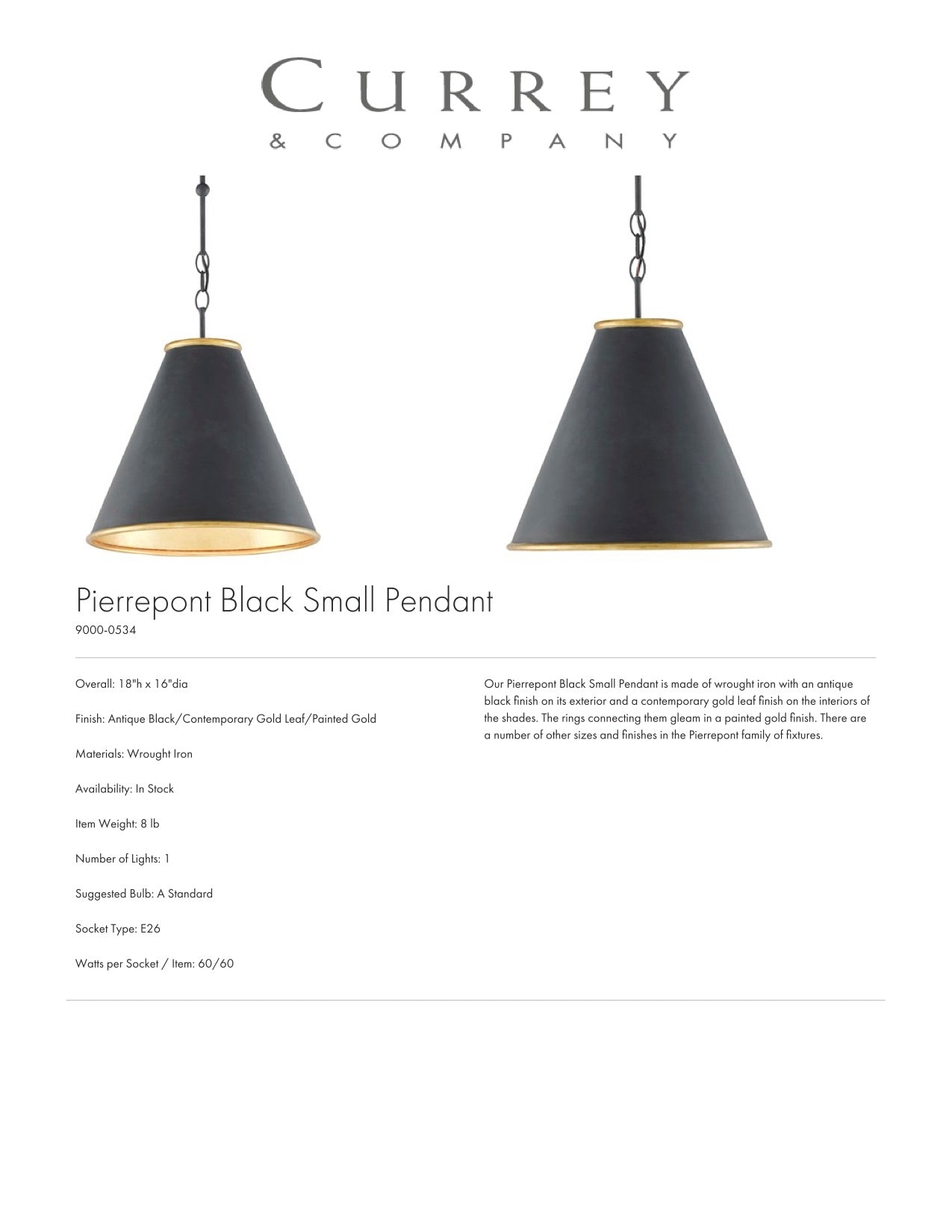 Currey & Company Pierrepont Black Small Pendant Tearsheet