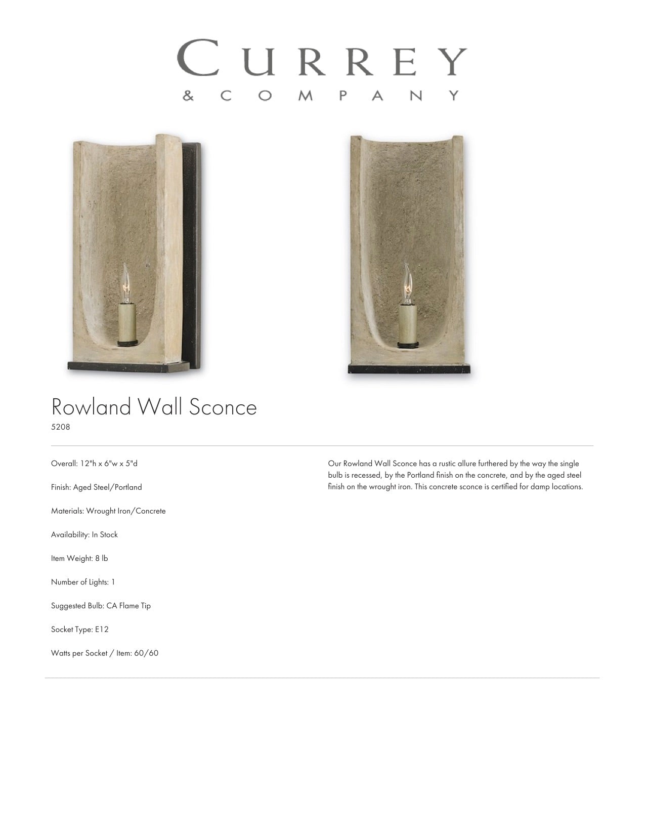 Currey & Company Rowland Wall Sconce Tearsheet
